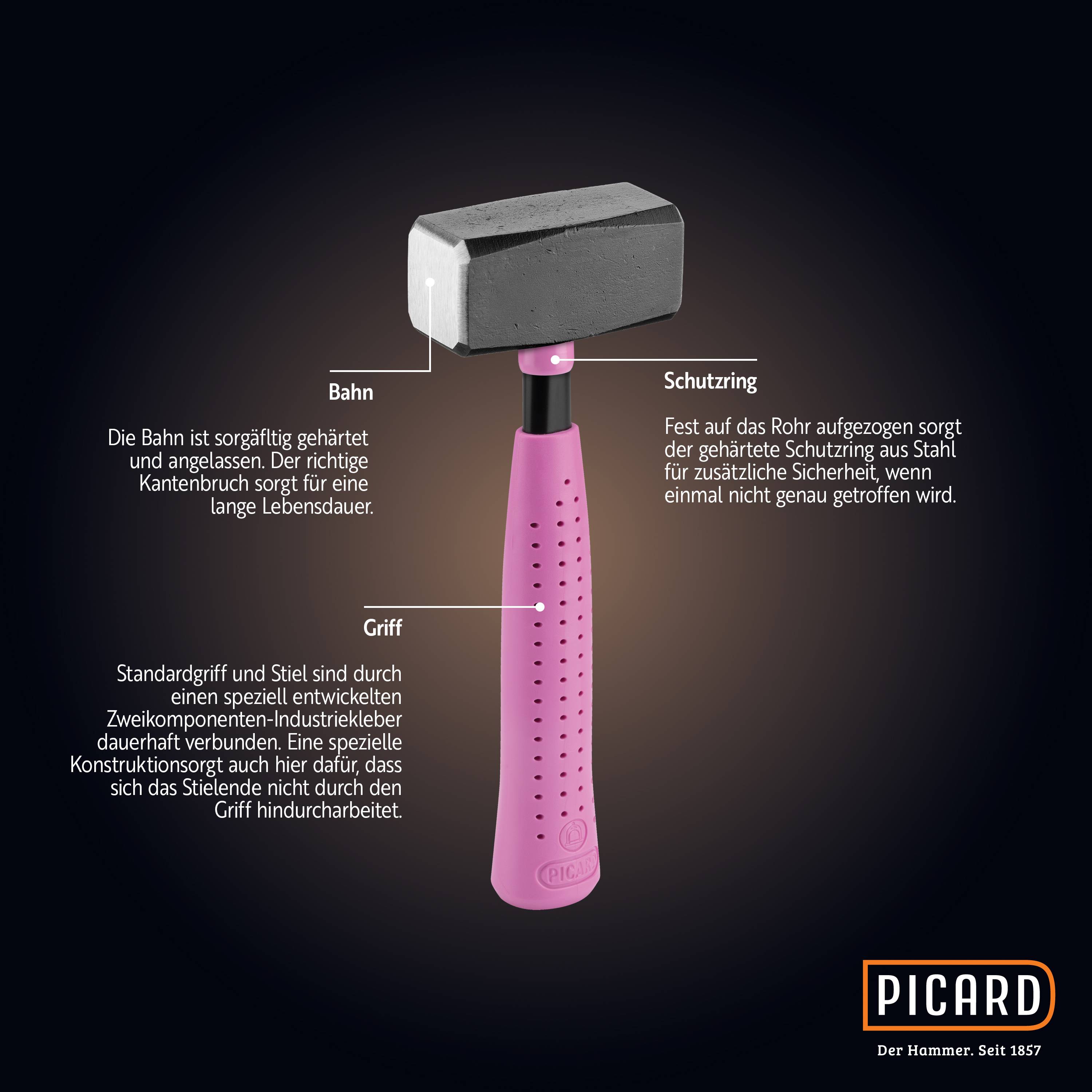 Ein Hammer mit drei beschrifteten Teilen: 'Bahn', ein sorgfältig ausgerichteter Kopf; 'Schutzring', ein schützender Stahlring; 'Griff', ein Standard-Griff.