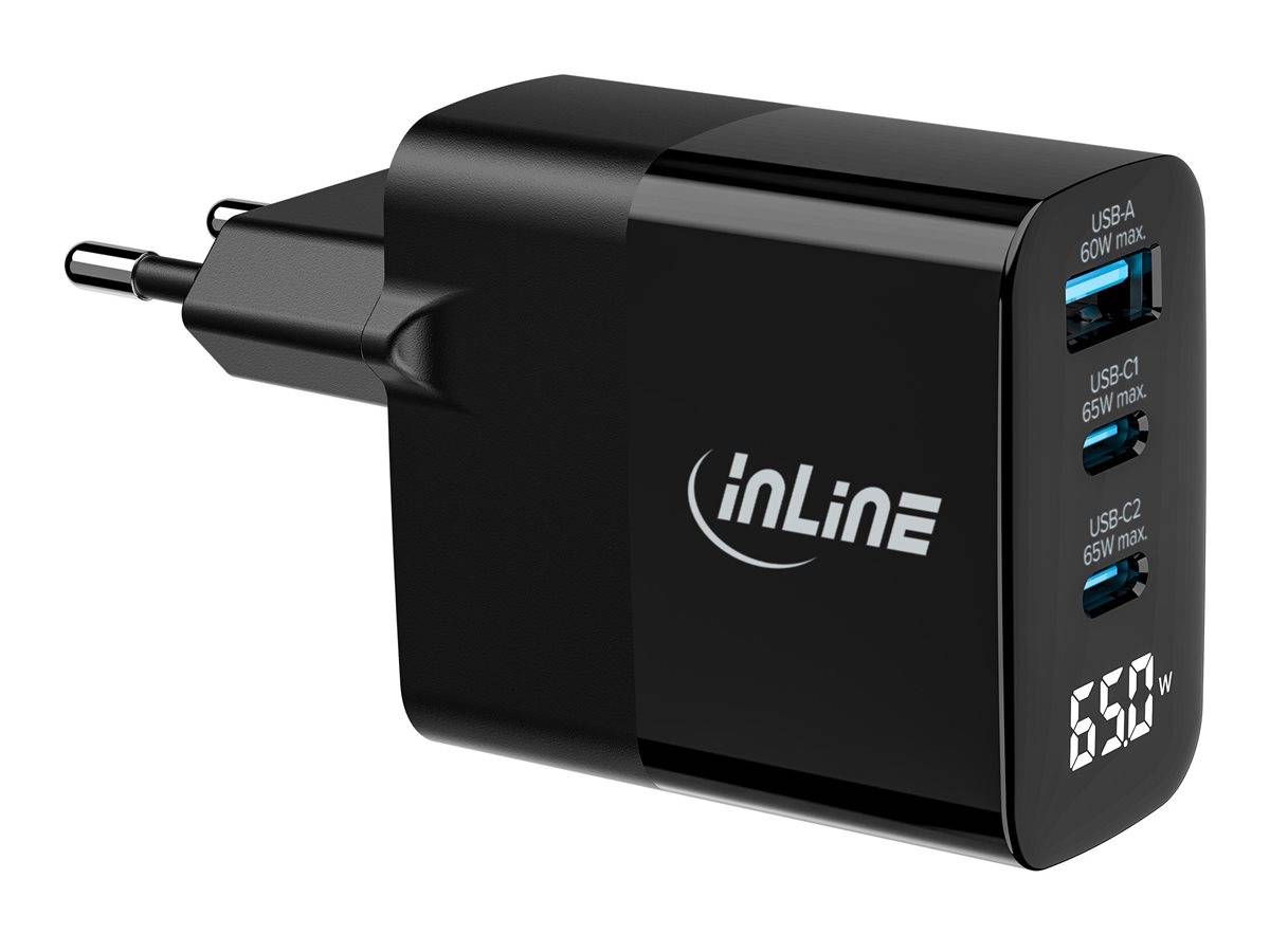 InLine® USB PD Netzteil, GaN Ladegerät, 3-Port, USB-C + USB-A, 65W, mit Display Strom / Energie /