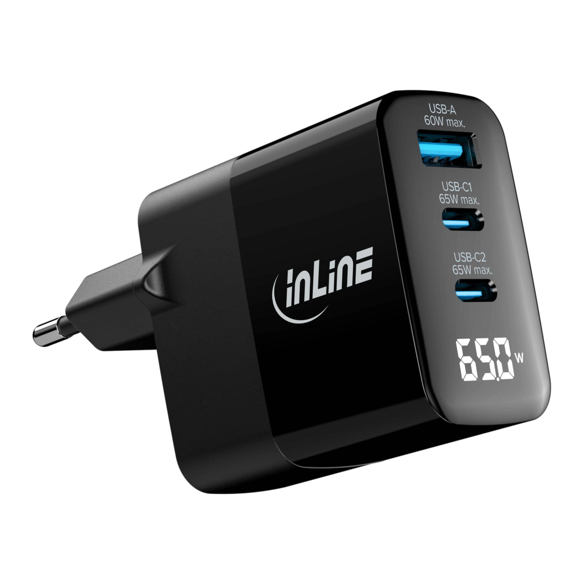 InLine® USB PD Netzteil, GaN Ladegerät, 3-Port, USB-C + USB-A, 65W, mit Display Strom / Energie /