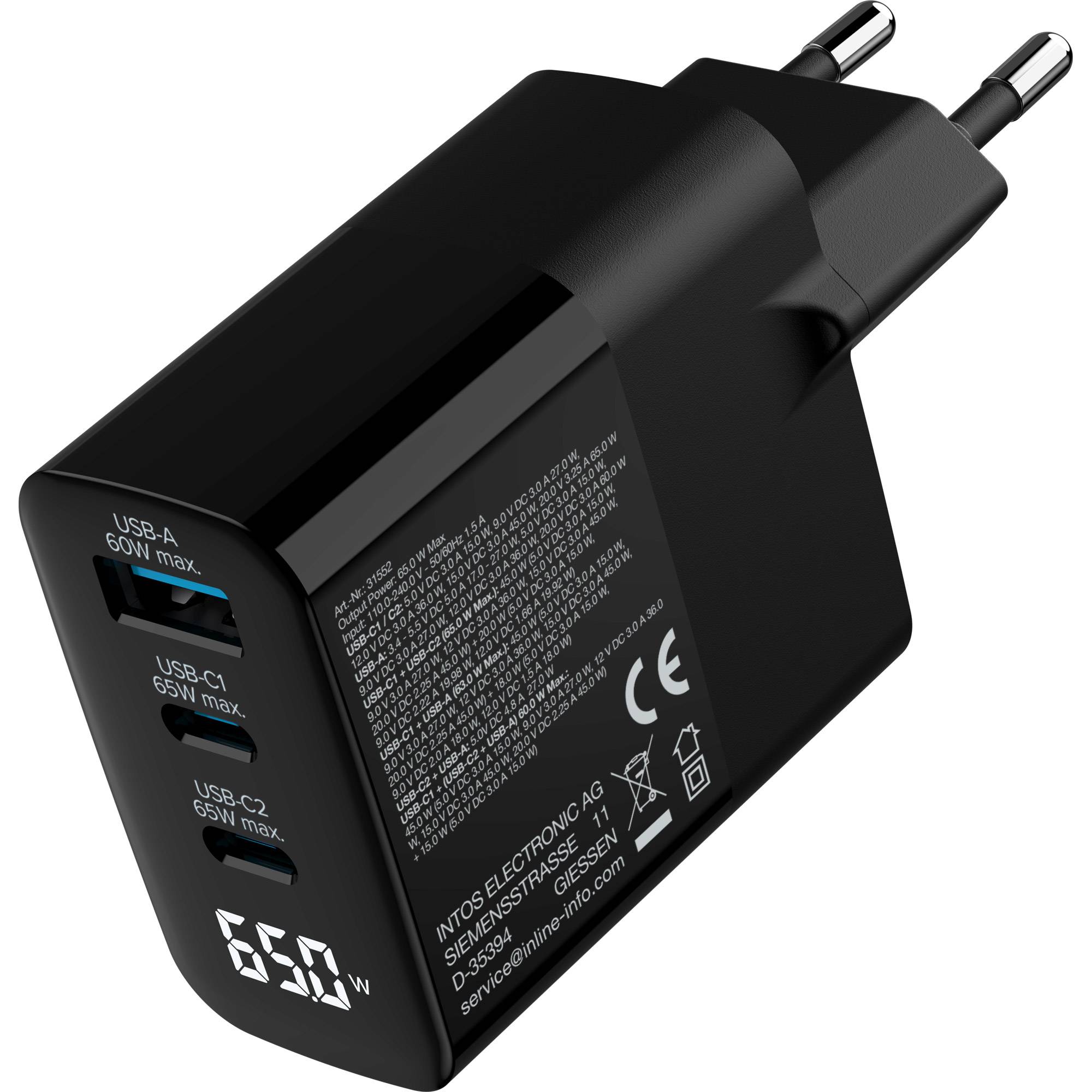 InLine® USB PD Netzteil, GaN Ladegerät, 3-Port, USB-C + USB-A, 65W, mit Display Strom / Energie /