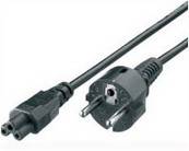 Schwarzes Stromkabel mit europäischem Stecker, das an einen zweilöchrigen Gerätestecker auf weißem Hintergrund angeschlossen ist.