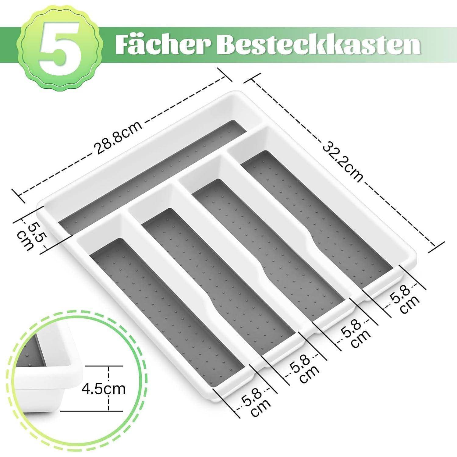 Besteckablage mit fünf Fächern, misst 32,2 cm x 28,8 cm. Jedes Fach ist mit spezifischer Breite gekennzeichnet: 5,8 cm, 5,8 cm, 5,8 cm, 5,5 cm.