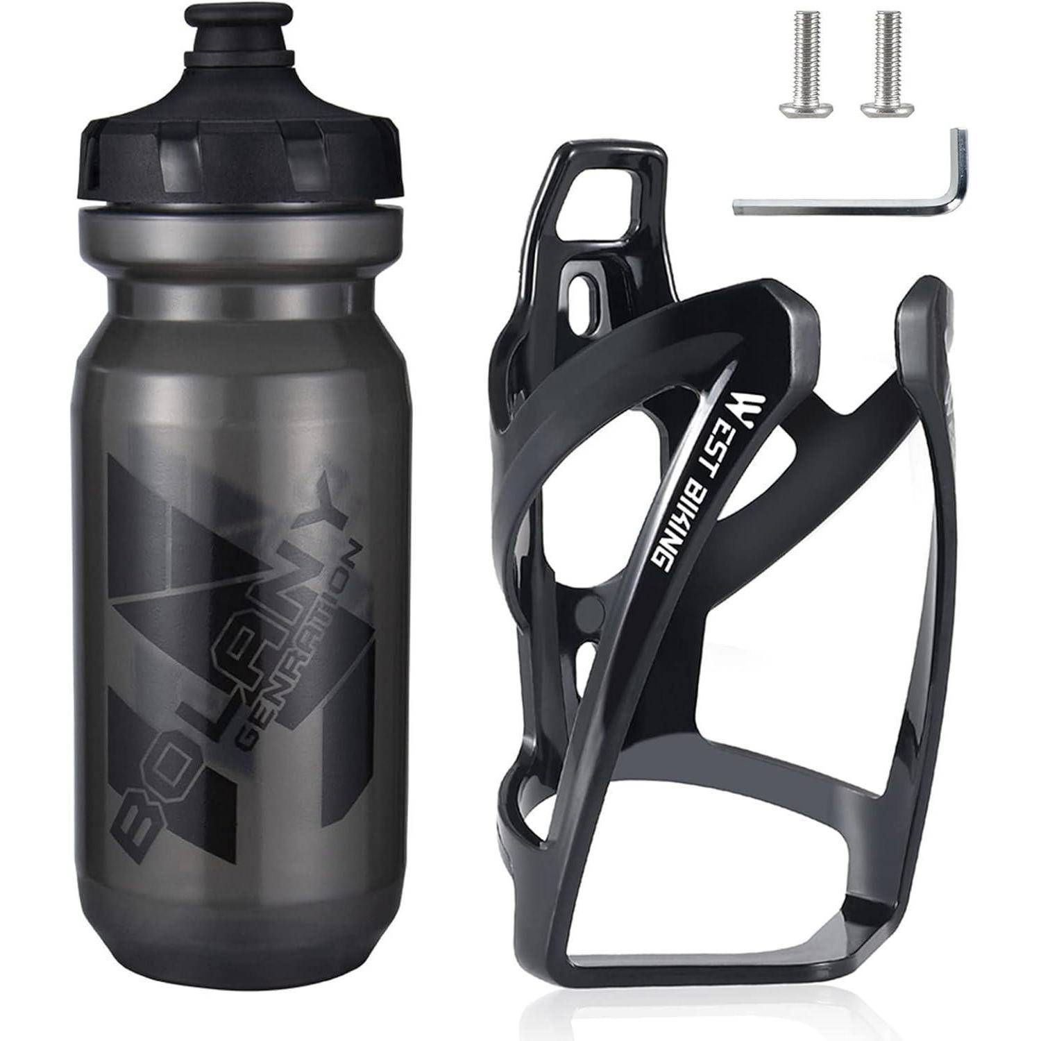 Schwarze Sportwasserflasche mit 'Bolany'-Markierung neben einem schwarzen Flaschenhalter, der zwei Schrauben und einen Inbusschlüssel zeigt.