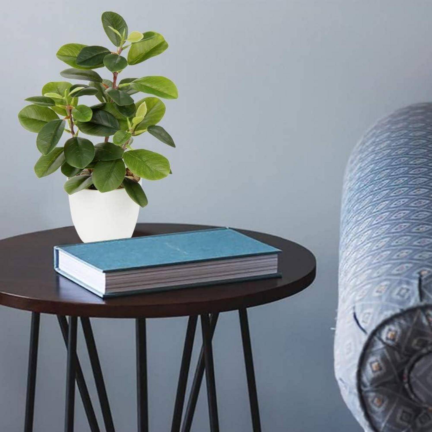 Ein kleiner runder Tisch mit einer Topfpflanze und einem geschlossenen blauen Buch steht neben einem gemusterten Sofa in einem Raum mit einer hellgrauen Wand.