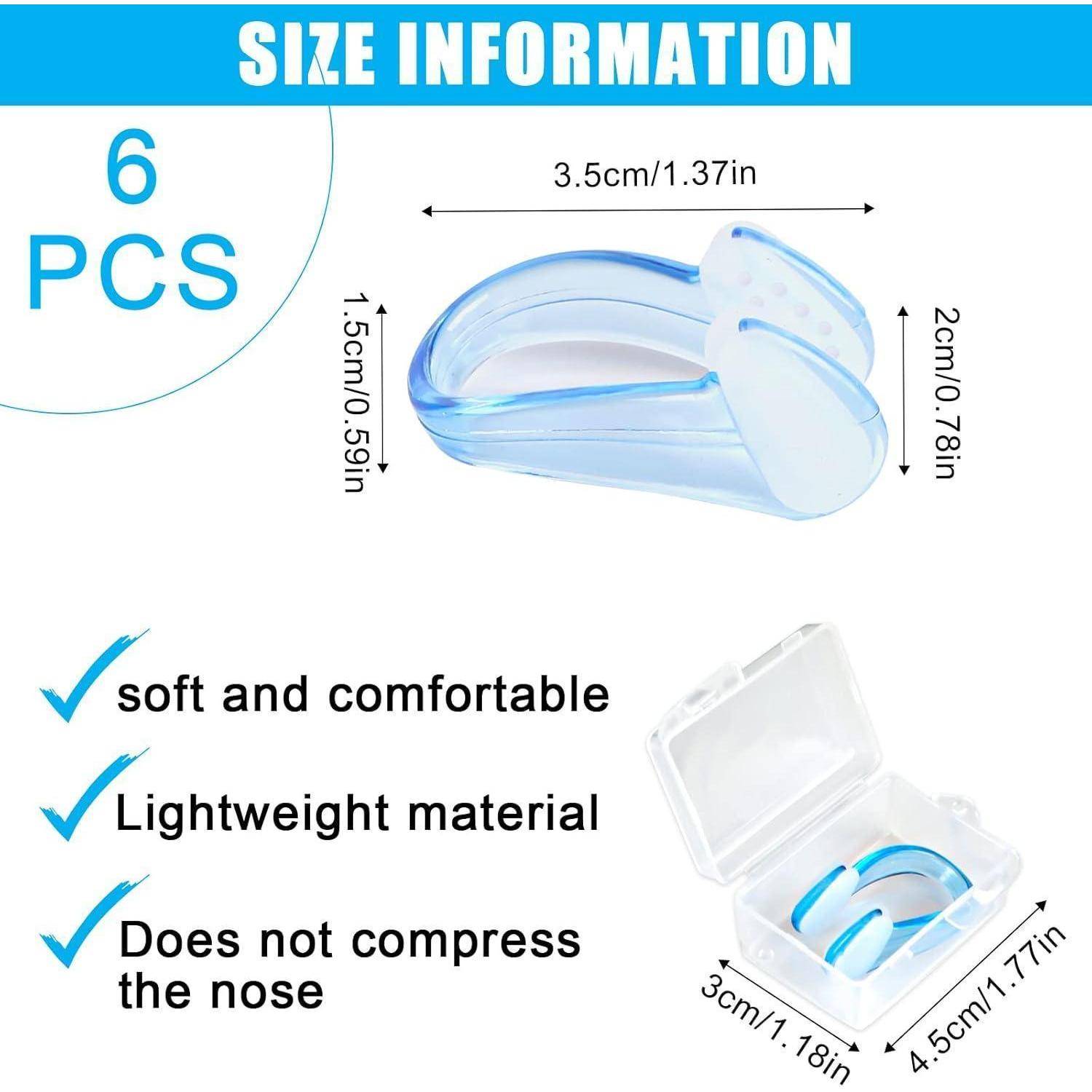 Bild eines blauen Silikonnasenclips mit Maßangaben: 3,5 cm/1,37 Zoll x 2 cm/0,78 Zoll x 1,5 cm/0,59 Zoll. Schachtel gezeigt mit 3 cm/1,18 Zoll x 4,5 cm/1,77 Zoll. Text liest: 