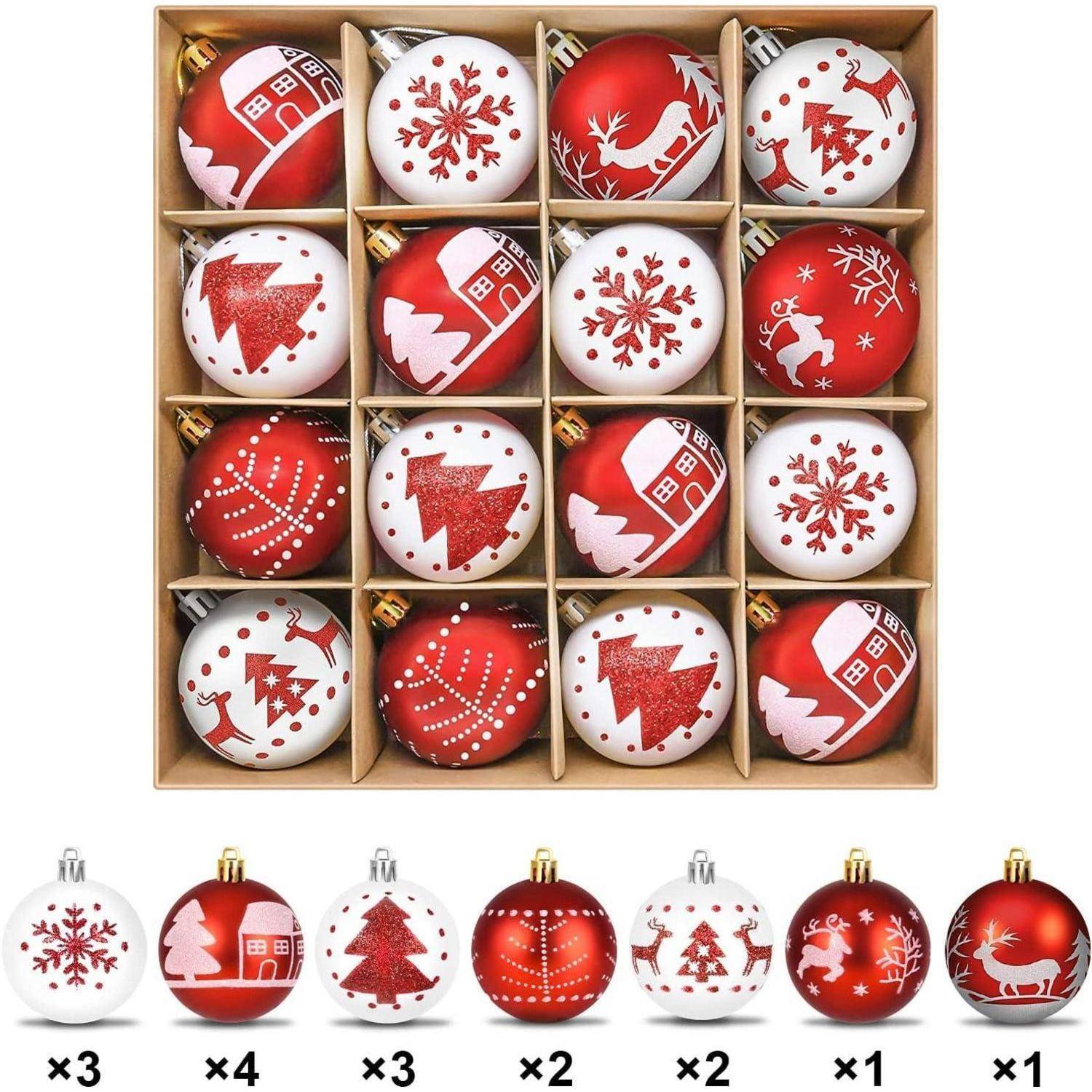 Eine Schachtel mit 16 roten und weißen Weihnachtsschmuck mit festlichen Designs, darunter Bäume, Häuser, Rentiere und Schneeflocken.