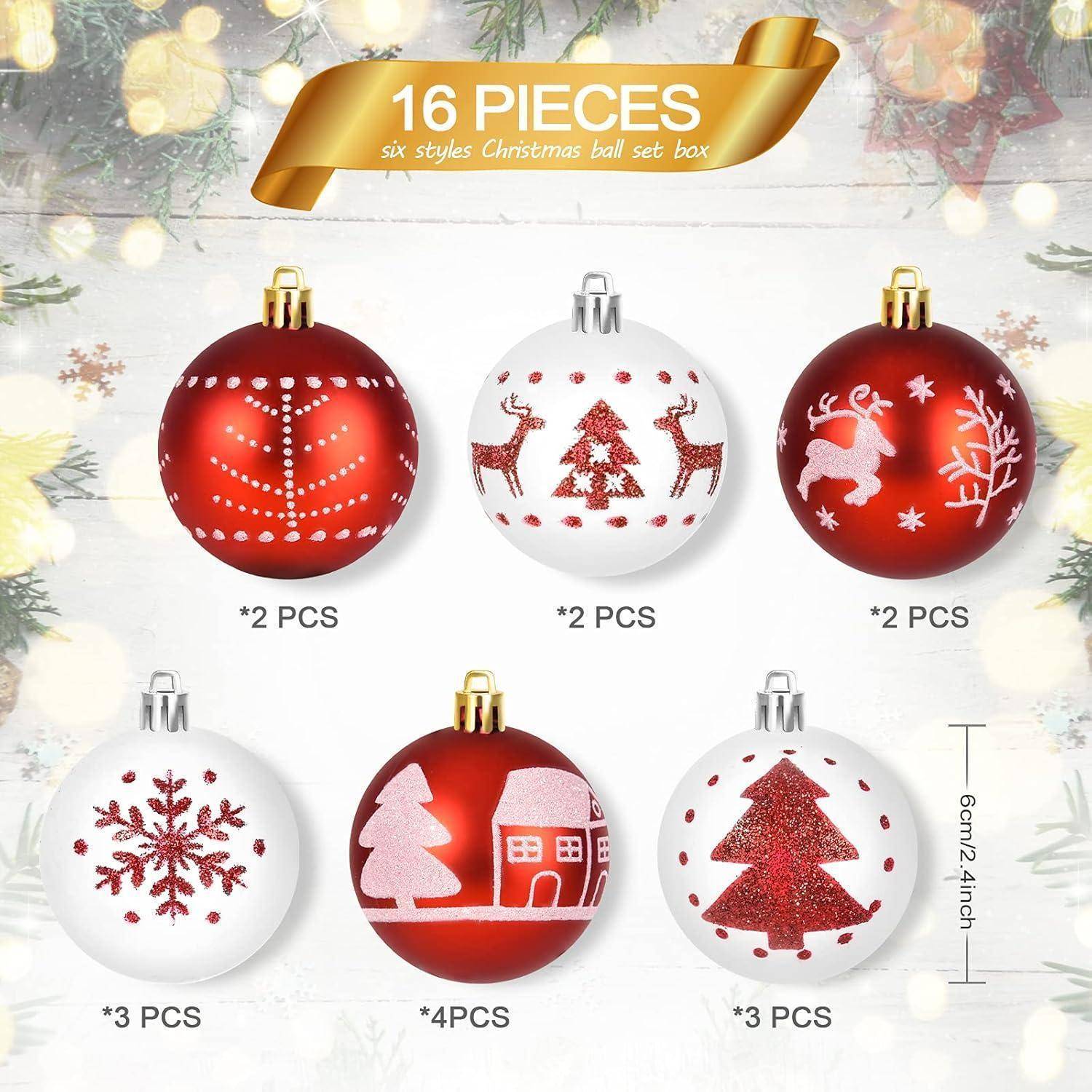 16-teiliges Weihnachtskugel-Set mit sechs Designs in einer Schachtel, das sechs verschiedene Ornamente mit Motiven wie Schneeflocken, Rentieren, Bäumen und Häusern präsentiert.