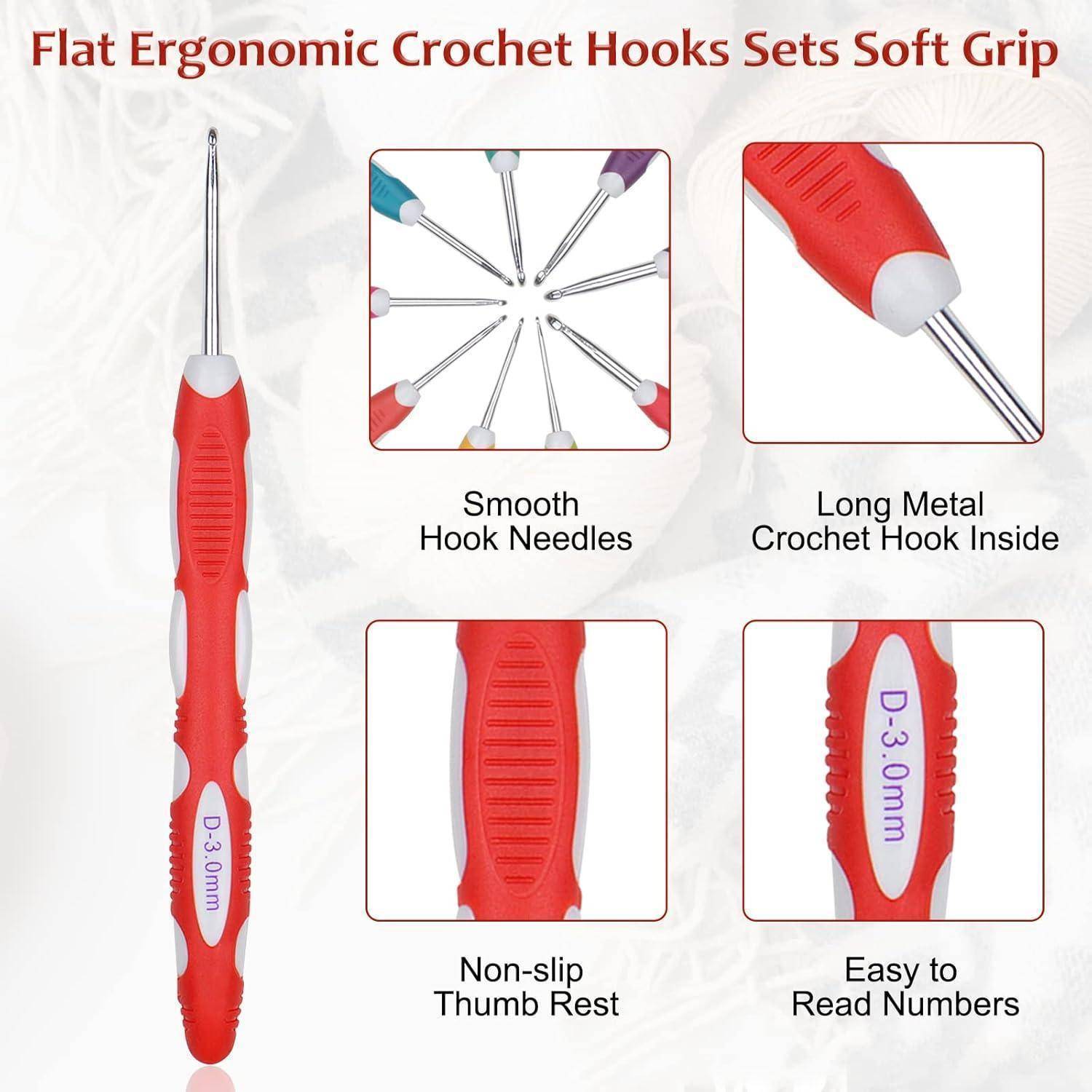Flache ergonomische Häkelnadel-Sets mit weichem Griff, ausgestattet mit glatten Haken, langen Metallhaken, rutschfester Daumenauflage und leicht ablesbaren Nummern.