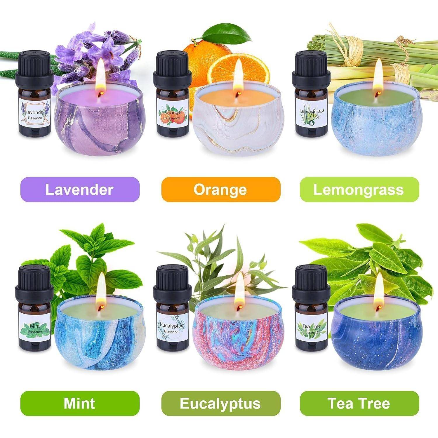Ein Set von Kerzen und ätherischen Ölen, jeweils beschriftet mit: ‚Lavendel', ‚Orange', ‚Zitronengras', ‚Minze', ‚Eukalyptus' und ‚Teebaumöl', mit passenden Aromen.