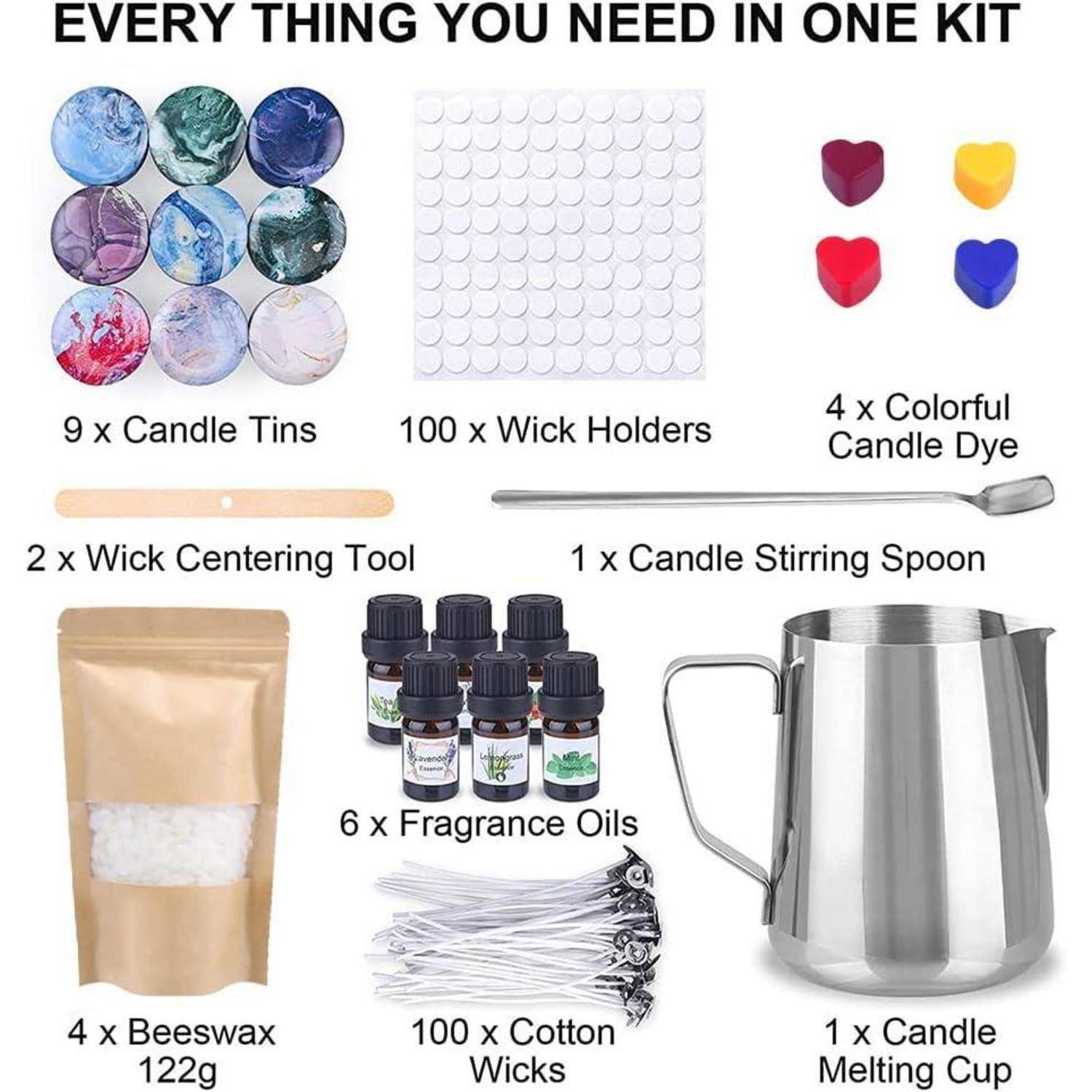 Kerzenherstellungs-Set mit 9 Blechdosen, 100 Dochten, 6 Duftölen, 122g Bienenwachs, Dochthaltern, Zentrierwerkzeug, Rührspatel, Schmelztiegel und Farbstoffen.