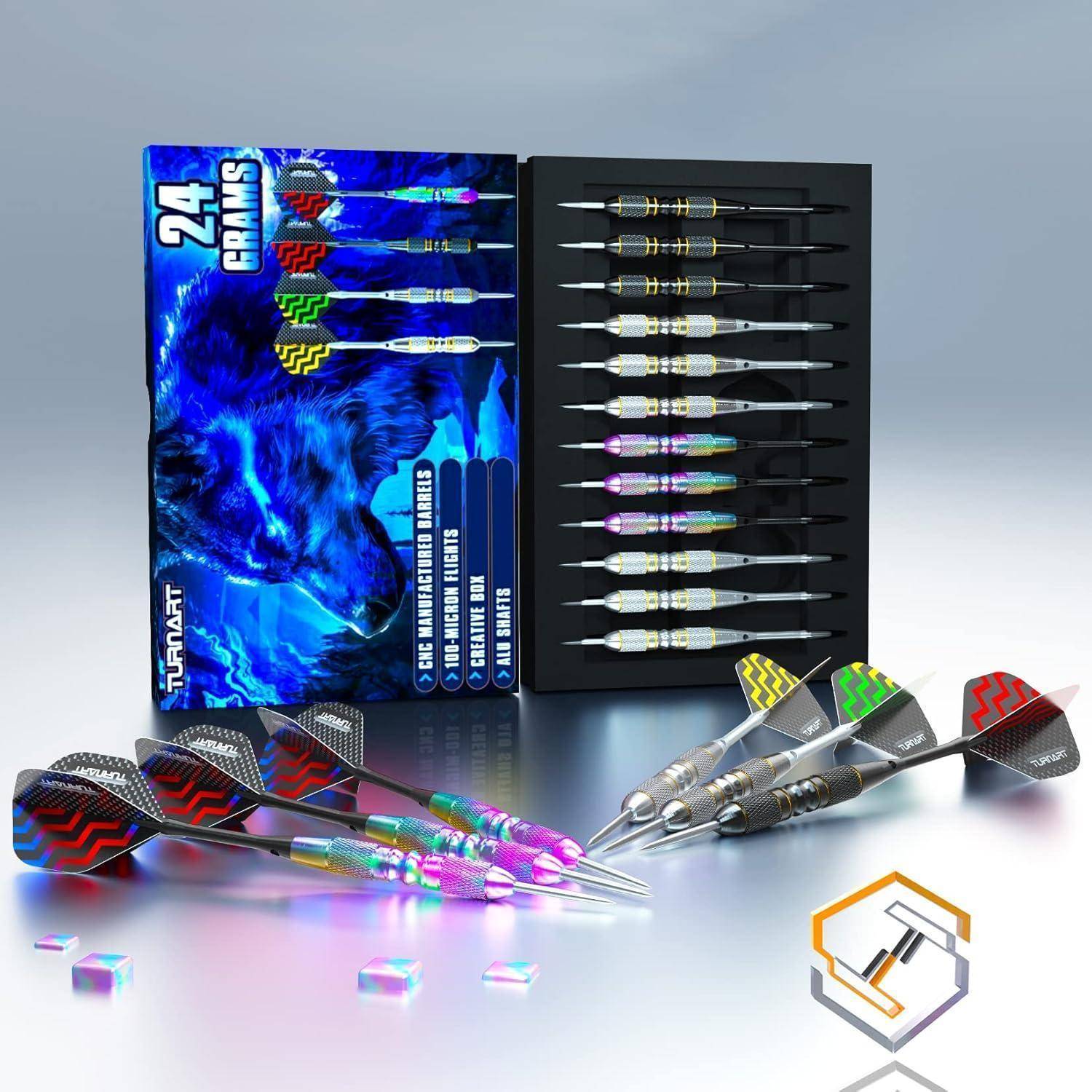 Dart-Set mit 24-Gramm-Pfeilen, in schwarzer Schatulle präsentiert. Schachtel mit blauem Wolfdesign, das die individuellen Pfeilstile und -gewichte hervorhebt.