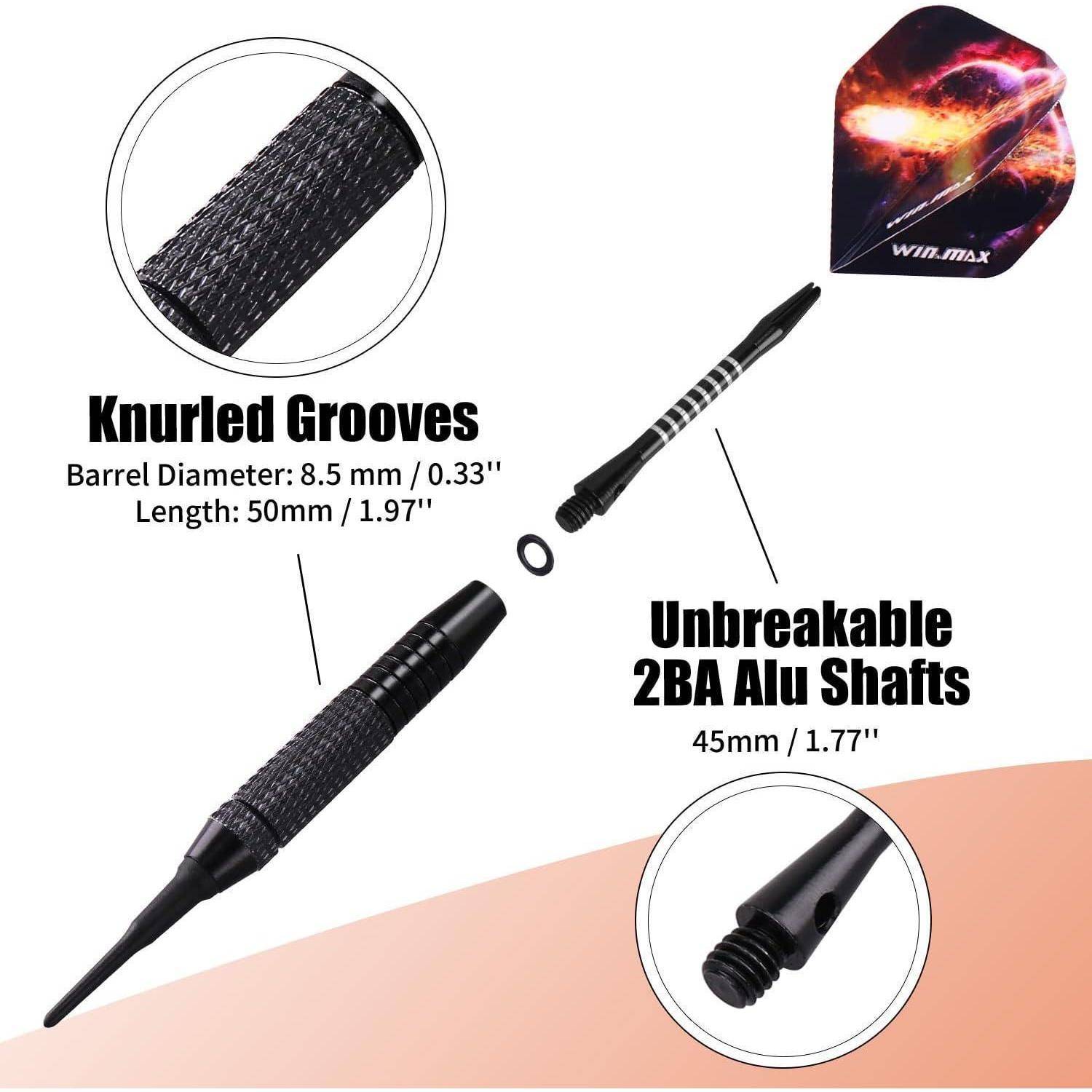Dart-Kit-Bild mit Anzeige der 'Gerillten Rillen' mit Abmessungen: Laufdurchmesser 8,5 mm, Länge 50 mm; 'Unzerbrechliche 2BA Alu-Schäfte' 45 mm.