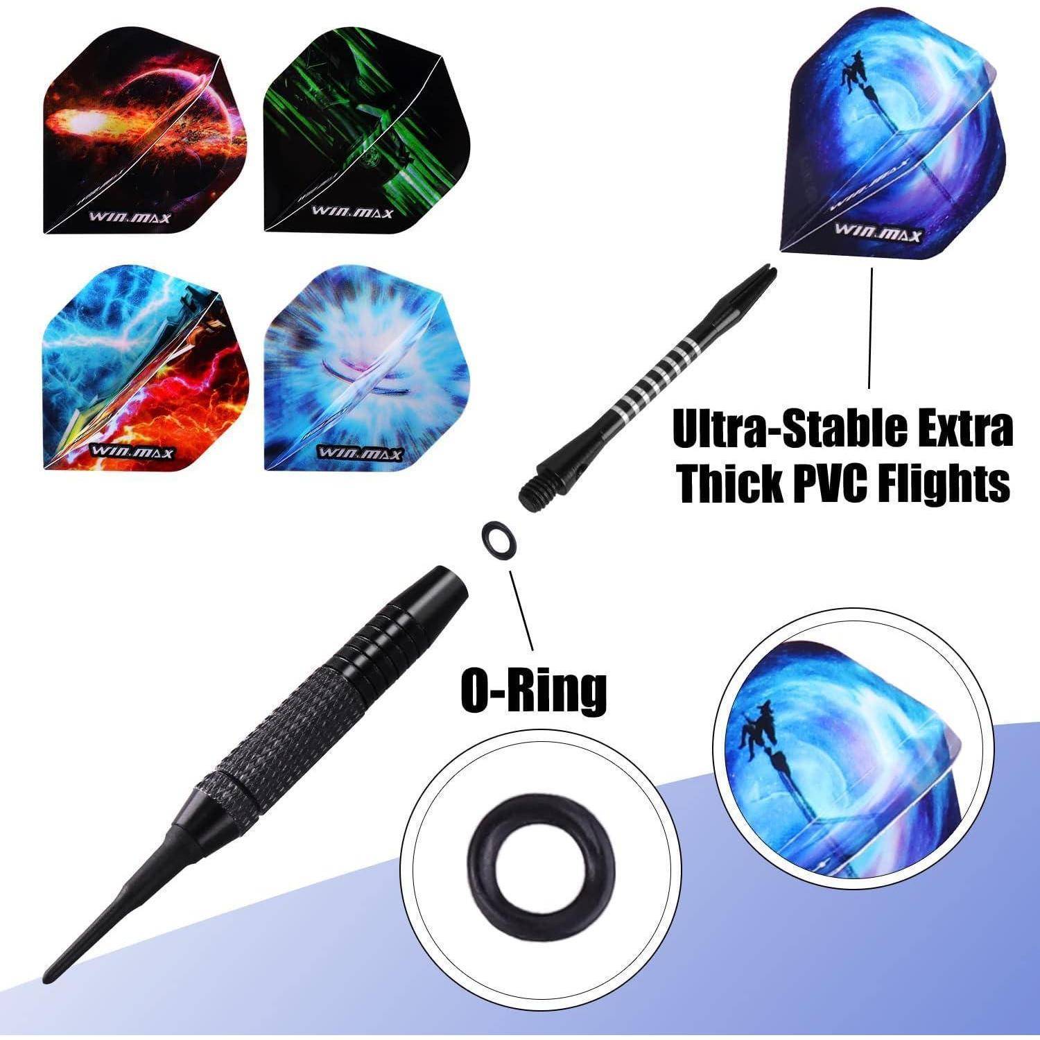 Win Max Ultra-Stabile Extra Dicke PVC Flights' mit Bildern von vier farbenfrohen Dartflights, einem schwarzen Dart und einem O-Ring.