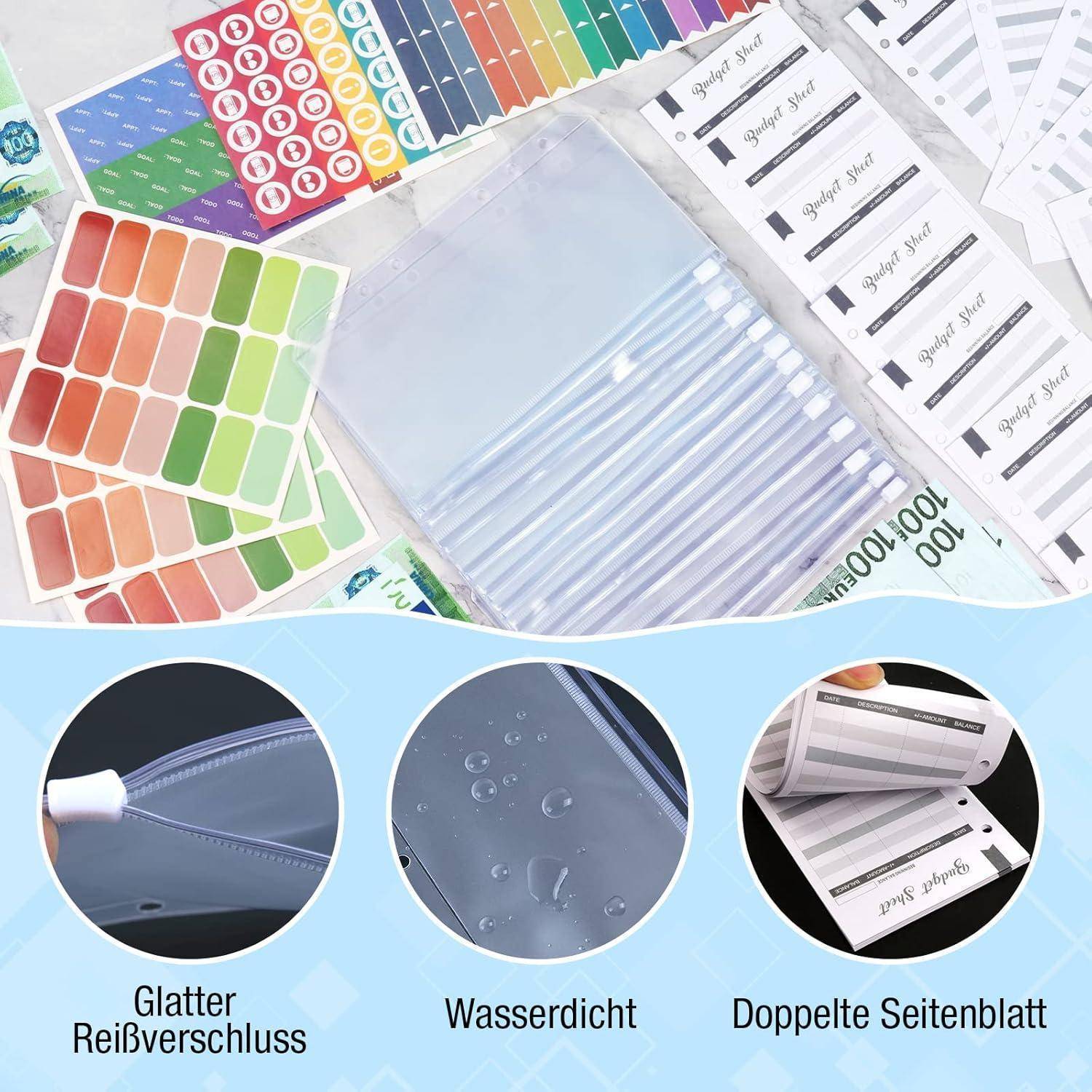 Ein Set aus bunten Planerstickern und Etiketten. Kreisförmige Illustrationen zeigen Merkmale wie ‚Gleitender Reißverschluss', ‚Wasserdicht' und ‚Doppelblatt'.