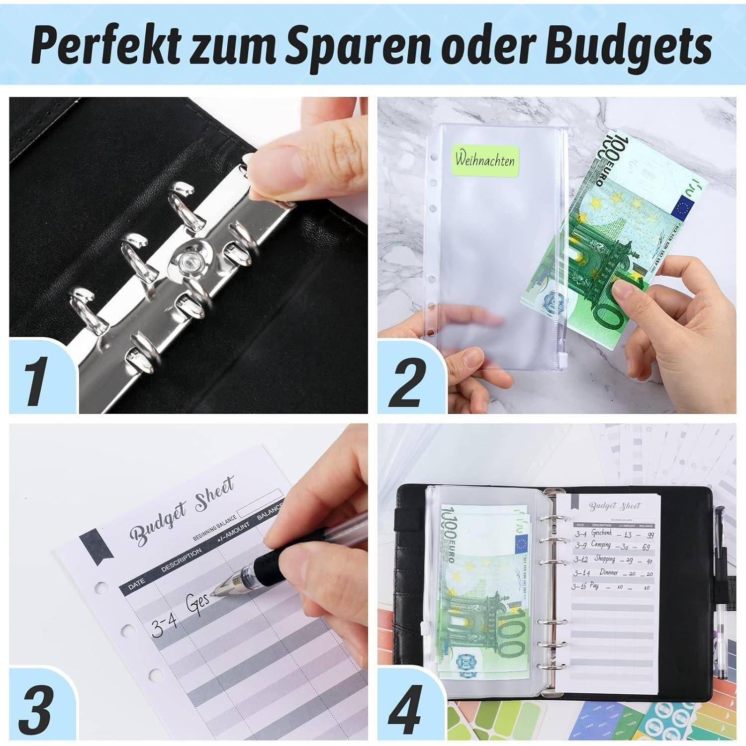 Vierstufige visuelle Anleitung zur Budgetierung: 1) Öffnen Sie einen Ringordner. 2) Legen Sie Bargeld in einen beschrifteten Umschlag. 3) Markieren Sie Beträge auf einem Budgetblatt. 4) Organisieren Sie Geld im Ordner.