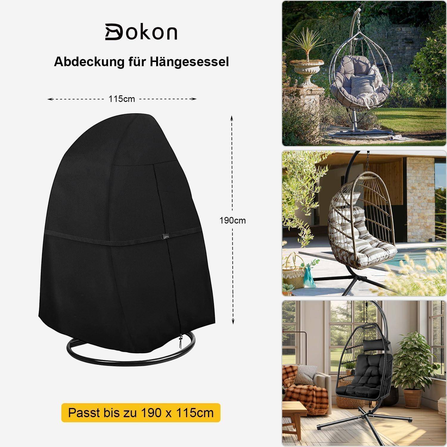 Hängesessel-Schutzhülle dargestellt mit den Maßen 190 cm Höhe und 115 cm Breite. Drei Beispiele von abgedeckten Hängesesseln in verschiedenen Umgebungen gezeigt.