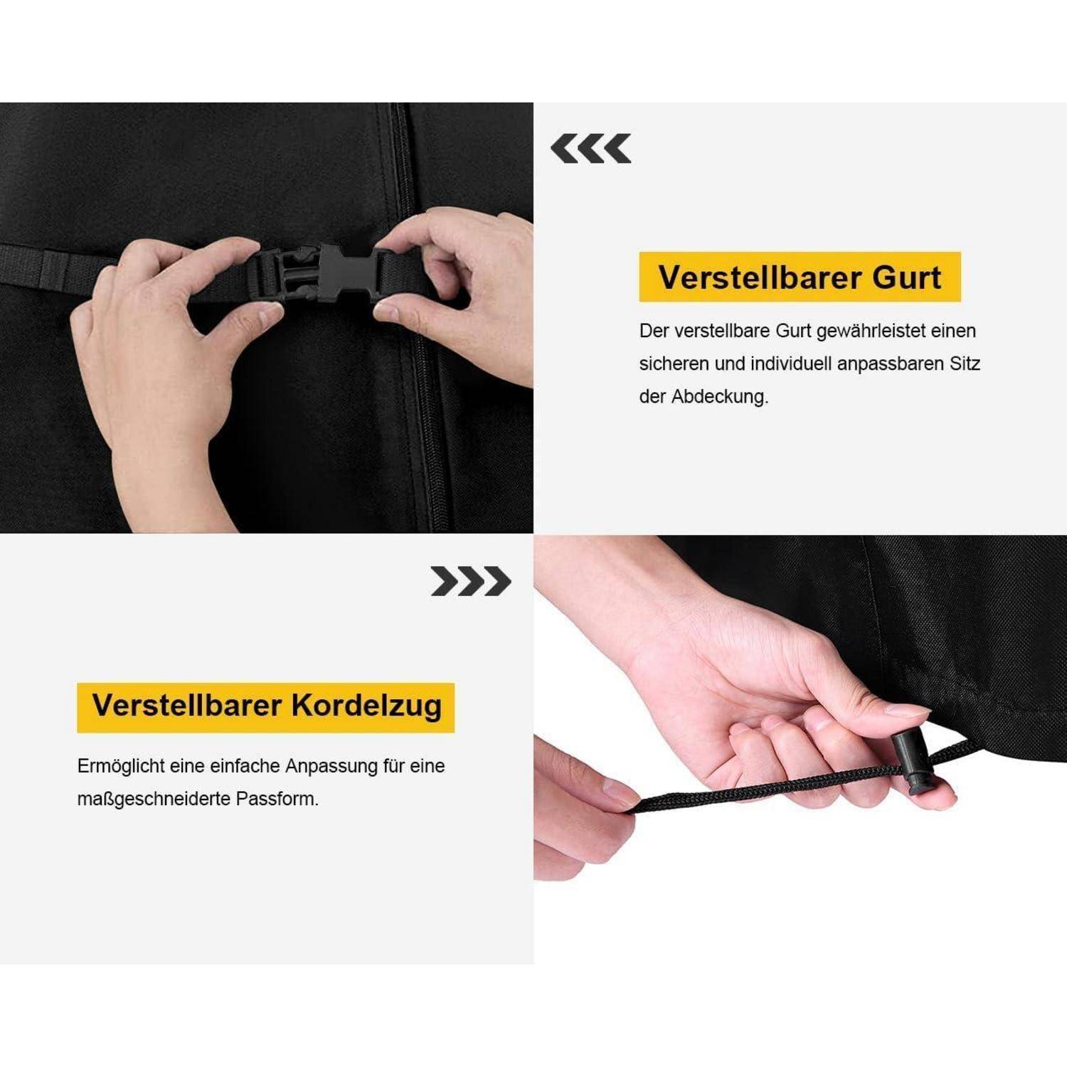 Hände, die einen Gurt und eine Kordel einstellen. Text im Bild: 'Verstellbarer Gurt', 'Verstellbarer Kordelzug'. Betont Verstellbarkeit und Passform.