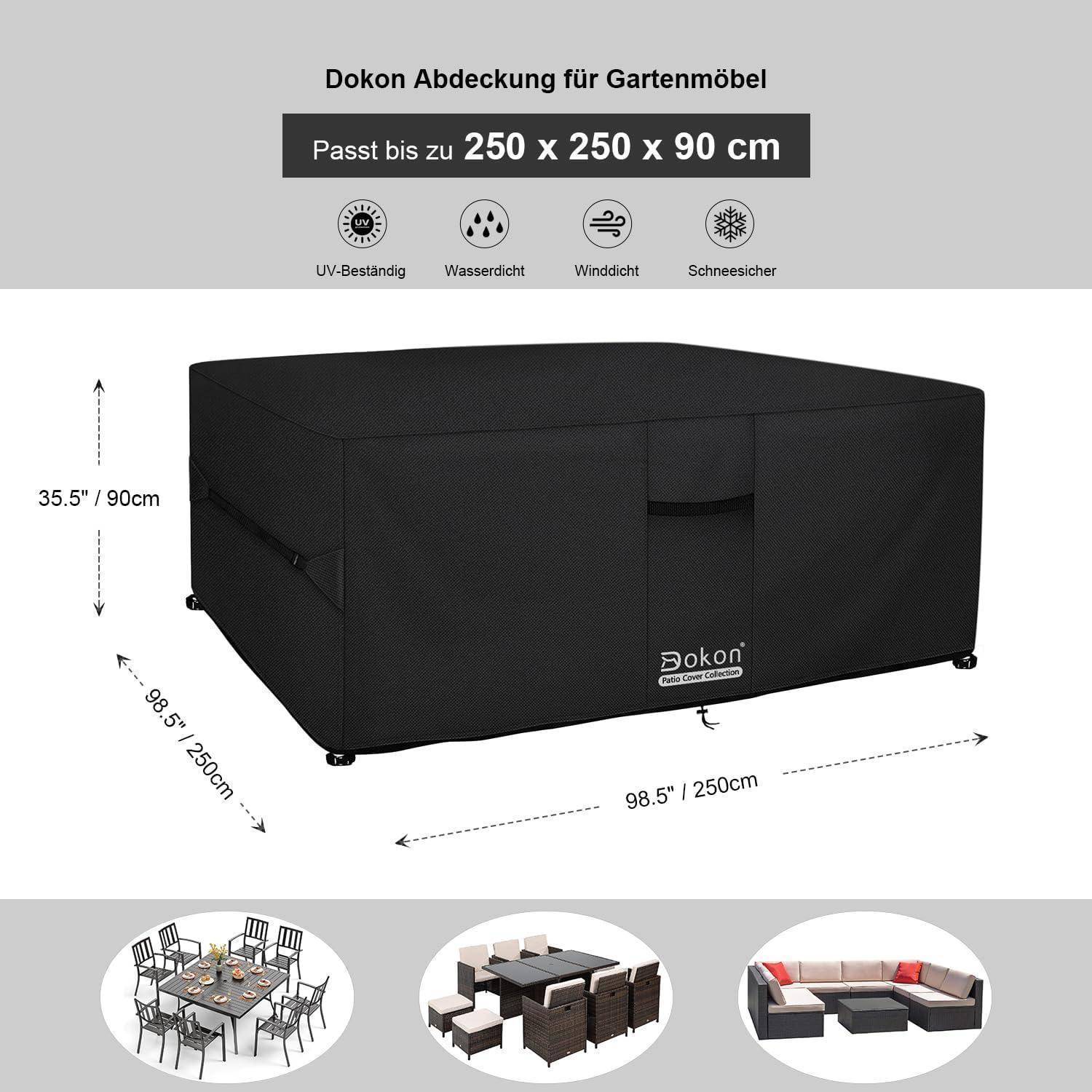 Rechteckige schwarze Abdeckung für Gartenmöbel, Maße 250 x 250 x 90 cm. Merkmale umfassen UV-Beständigkeit, Schutz vor Wasser, Wind und Schnee.