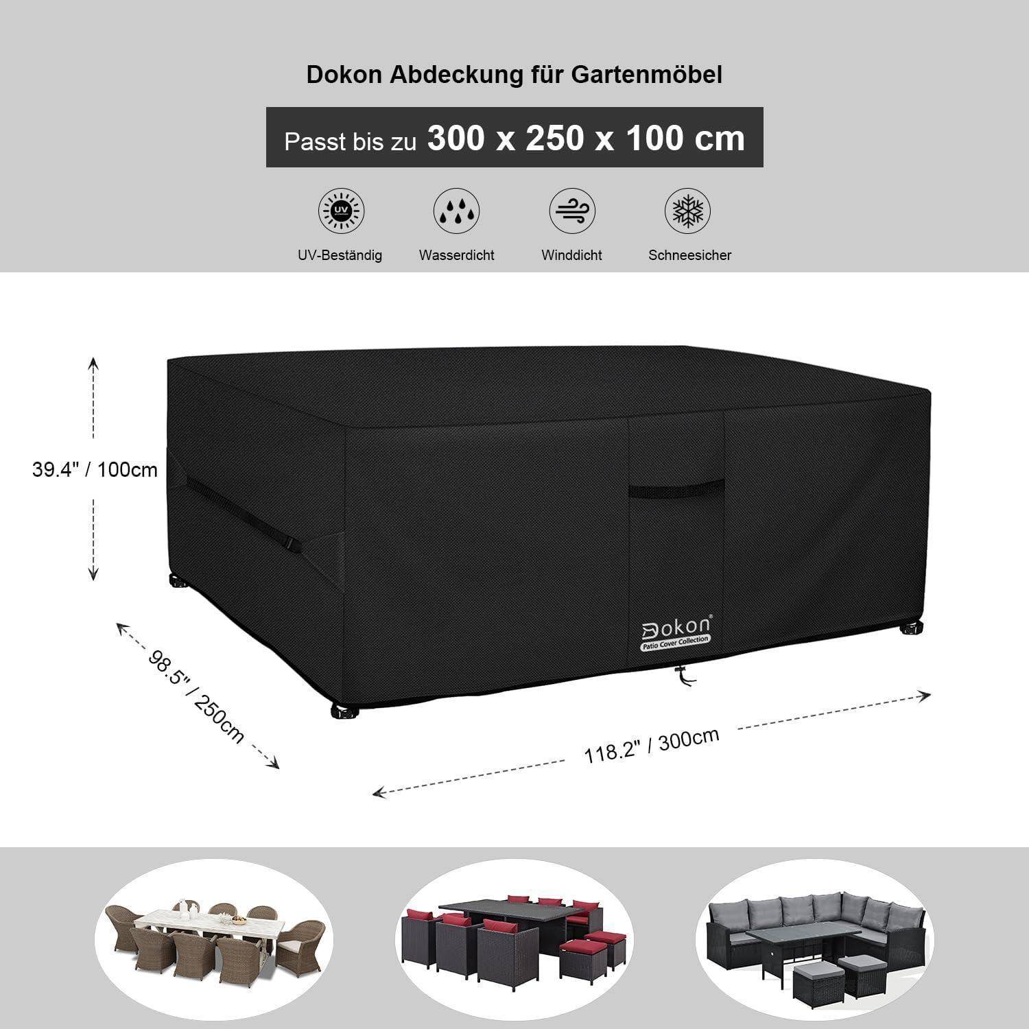 Schwarze Outdoor-Möbelabdeckung von Dokon, Maße 300x250x100 cm, UV-beständig, wasserdicht, windfest, schneesicher, passend für verschiedene Möbelgarnituren.