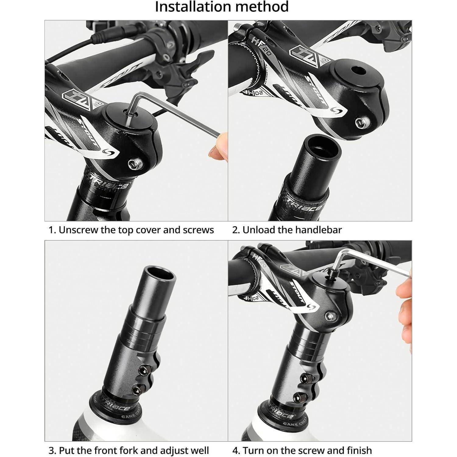 Installationsmethode: 1. Obere Abdeckung und Schrauben lösen, 2. Lenker entladen, 3. Vordergabel einsetzen und gut ausrichten, 4. Schraube anziehen und fertigstellen.