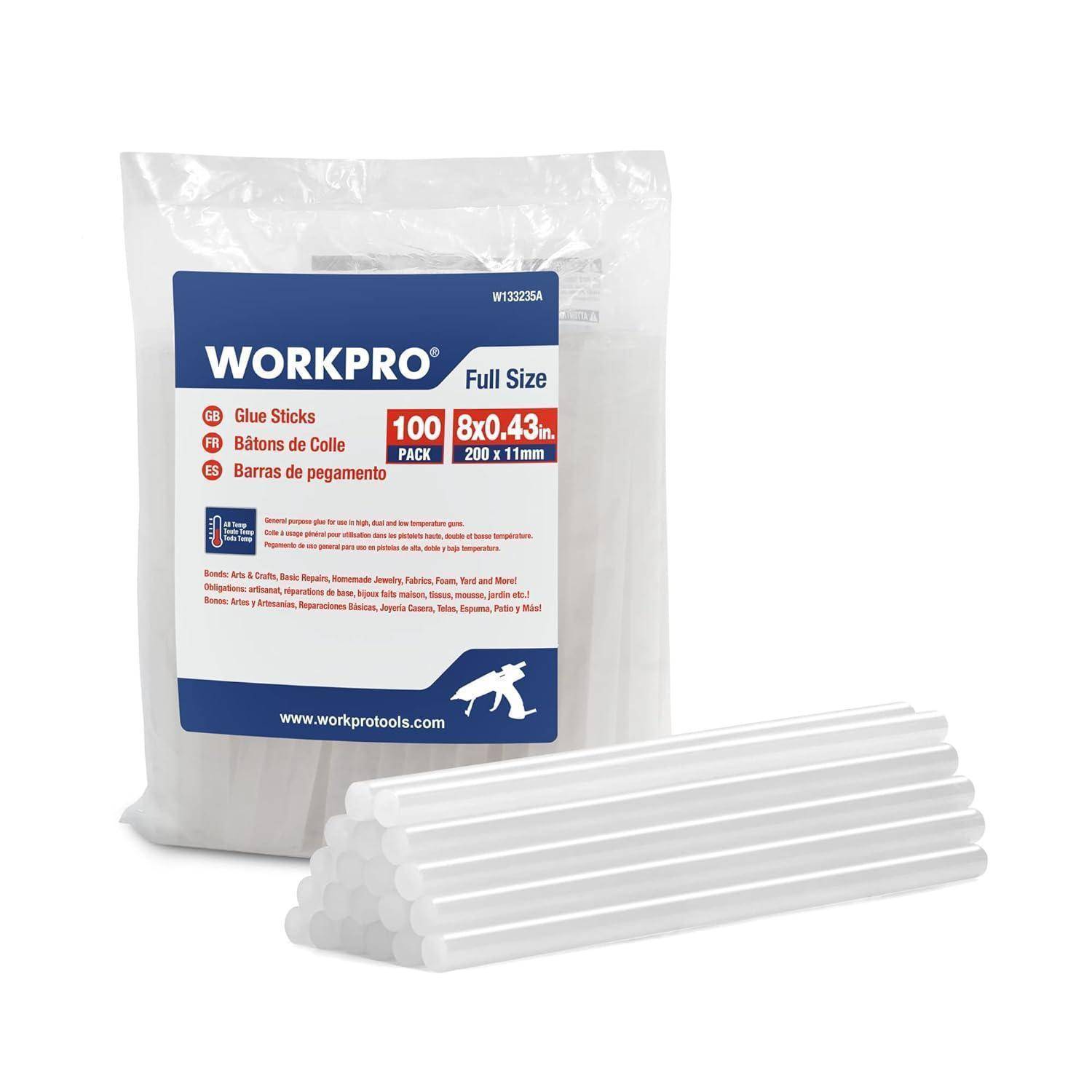 WorkPro Klebestifte in Übergröße, 100er-Pack, in einer durchsichtigen Verpackung mit mehreren Stiften, die davor gestapelt sind.