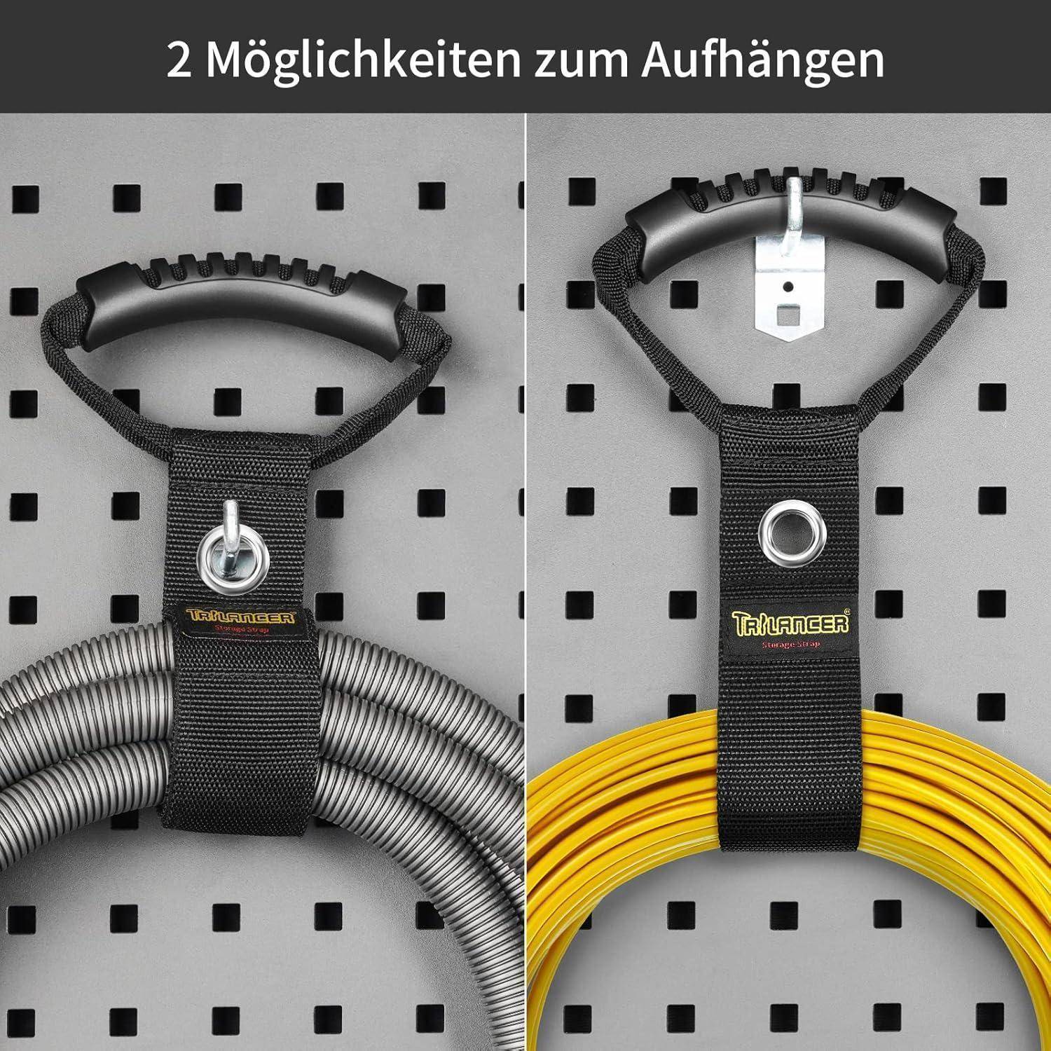 2 Möglichkeiten zum Aufhängen' zeigt zwei Methoden zum Aufhängen von Kabeln an einer gelochten Tafel mit TRÅNGER-Schlaufen und Griffen.
