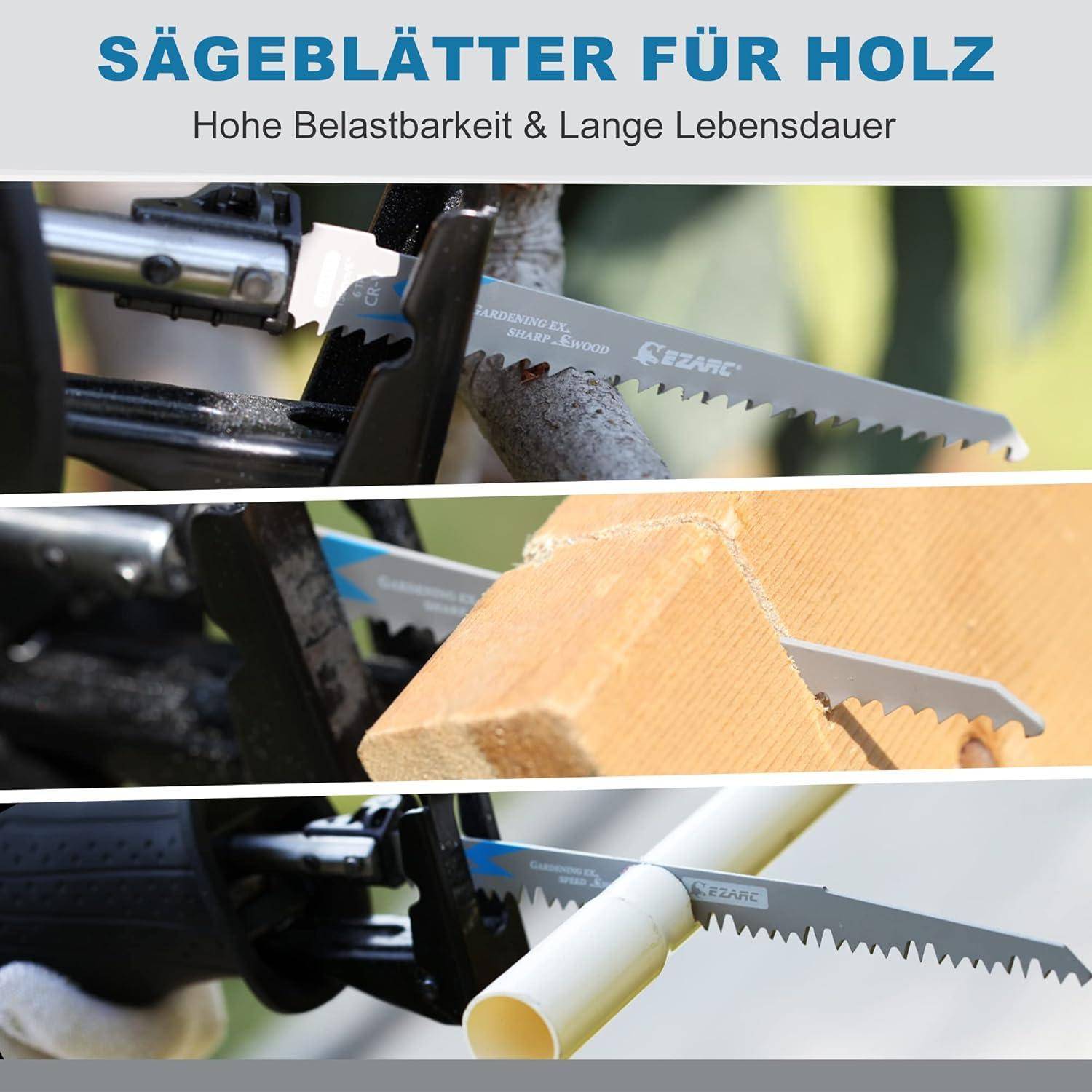 Sägeblätter für Holz mit Fokus auf hohe Belastbarkeit und lange Lebensdauer. Bild zeigt Sägeblätter beim Holzschneiden und Close-up-Details der Klingen.