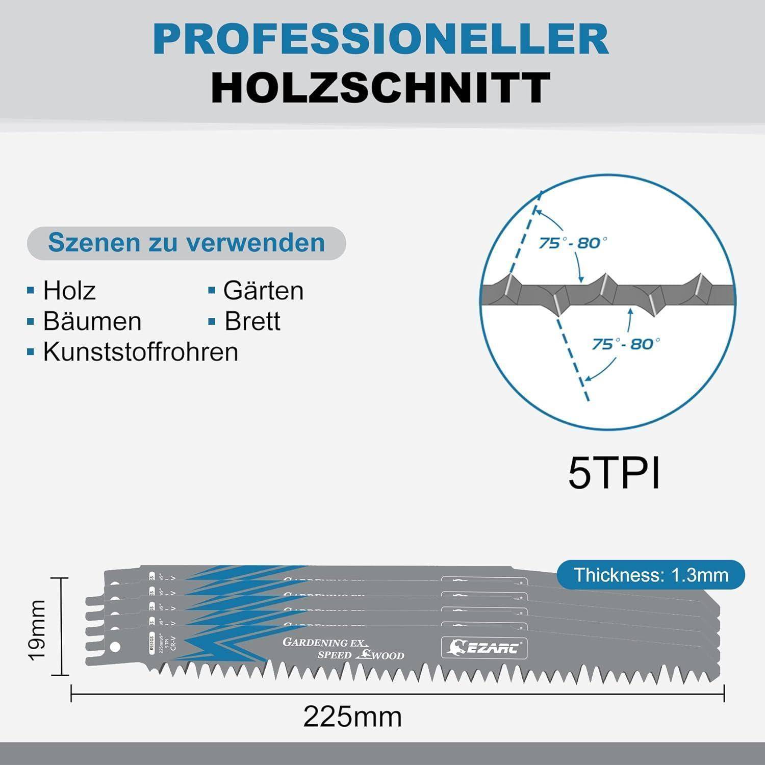Das Bild zeigt eine Sägeblatt-Produkt für den 'Holzschnitt' mit folgenden Spezifikationen: 225 mm Länge, 19 mm Höhe, 1,3 mm Dicke, 5 Zähne pro Zoll (ZpZ).