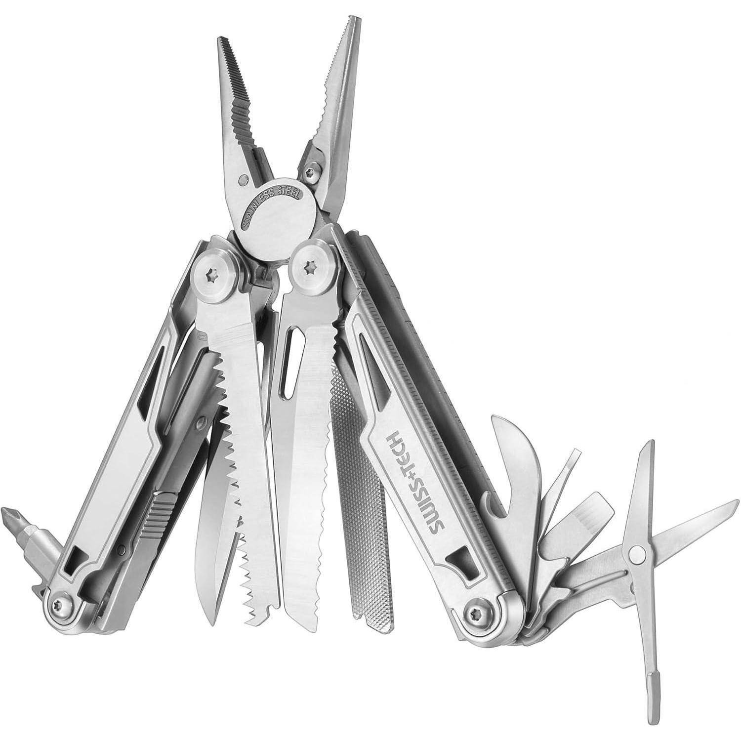 Ein Multitool mit Zange, gezackten und geraden Klingen, einer Feile, Säge, Schere und Schraubenziehereinsätzen, entwickelt für vielseitige Verwendung.