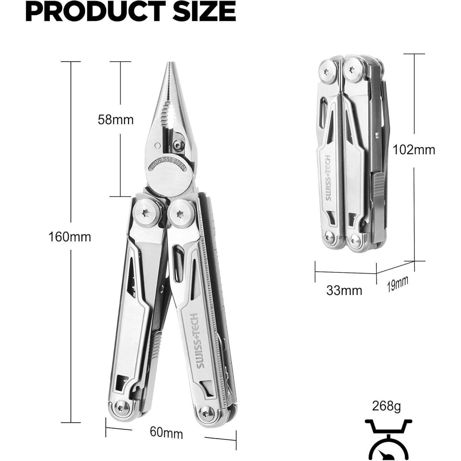 Multi-Tool-Abmessungen: ausgefahrene Länge 160 mm, geschlossene Länge 102 mm, Breite 33 mm, Dicke 19 mm; Gewicht 268 g; Werkzeugmarke 'SwissTech'.
