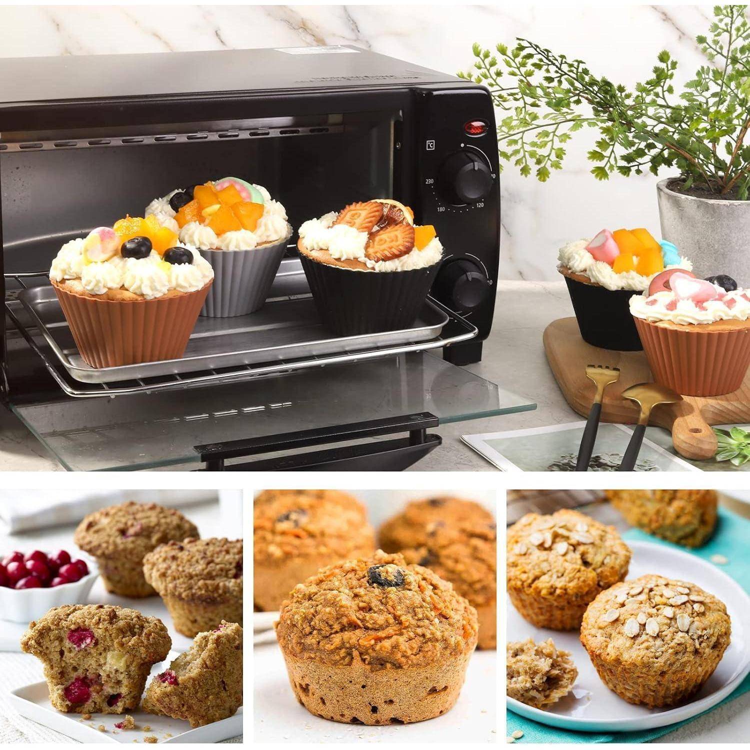 Eine Vielzahl von Muffins, darunter obstbesetzte Exemplare im Ofen und verschiedene gebackene Muffins auf Tellern, präsentieren unterschiedliche Geschmacksrichtungen und Beläge.