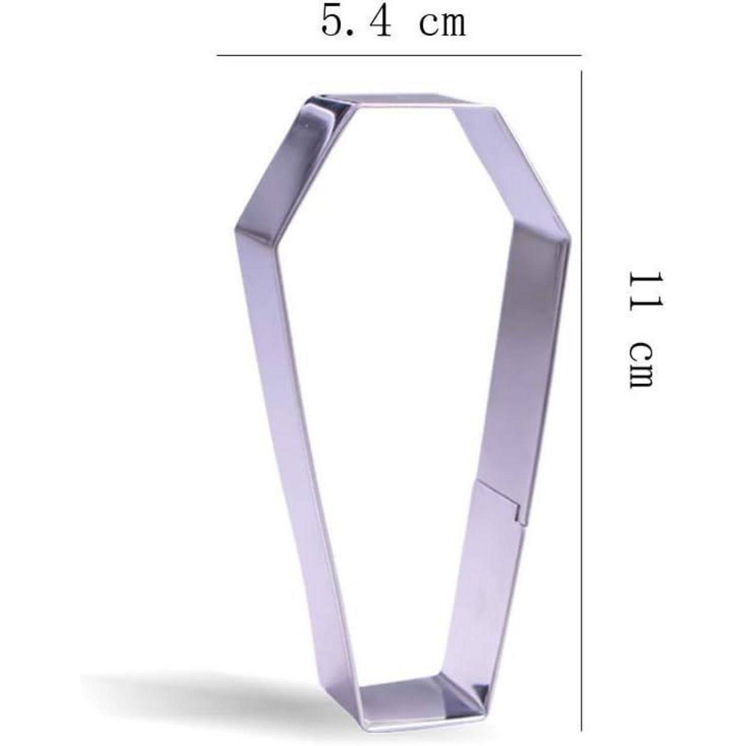 Ein metallener, sargförmiger Ausstechform, 11 cm hoch und 5,4 cm breit, der vor einem einfarbigen Hintergrund mit beschrifteten Abmessungen gezeigt wird.