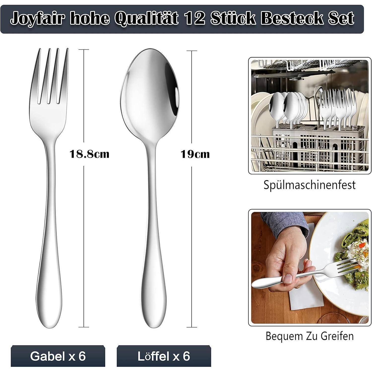 Joyfair Hochwertiges 12-teiliges Besteck-Set. Zeigt eine Gabel (18,8 cm) und einen Löffel (19 cm), spülmaschinenfest, enthält sechs Gabeln und sechs Löffel.