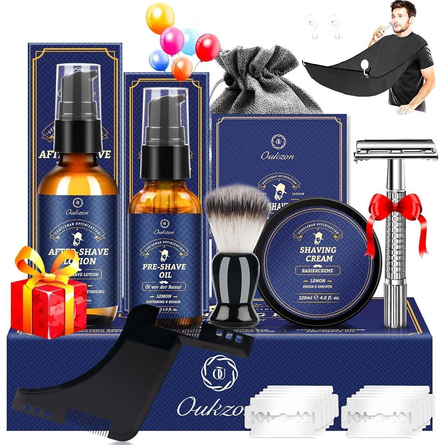 Rasiersets mit Lotion, Vorrasiermittel, Rasiercreme, Rasierer, Rasierpinsel und Bartführer. Enthält eine Aufbewahrungstasche und Rasierklingen.
