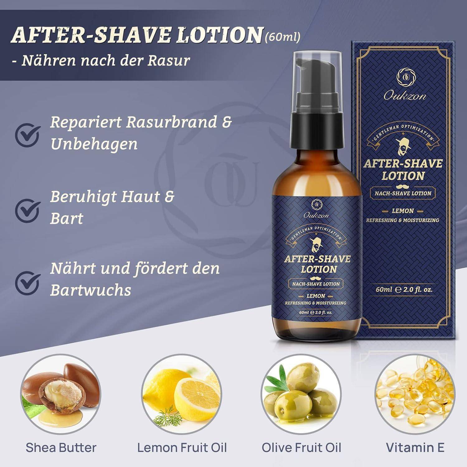 After-Shave-Lotion mit der Aufschrift 'Zitrone: Erfrischend & Feuchtigkeitsspendend'. Beschriebene Vorteile: repariert, beruhigt, fördert Bartwachstum. Enthält Sheabutter, Zitronenfruchtöl, Olivenfruchtöl, Vitamin E.