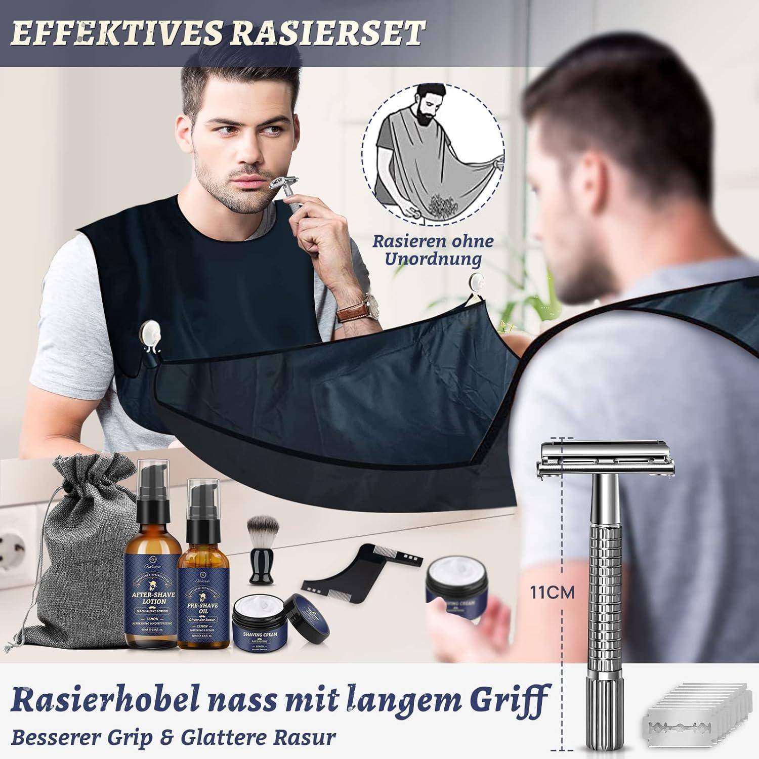 Ein Mann rasiert sich mit einem Rasier-Umhang, der Haarschnipsel auffängt. Das Bild wirbt für ein Rasierset mit Ölen, Cremes und einem Sicherheitsrasierer. Der Text lautet 'Effektives Rasierset' und 'Rasierhobel nass mit langem Griff'.