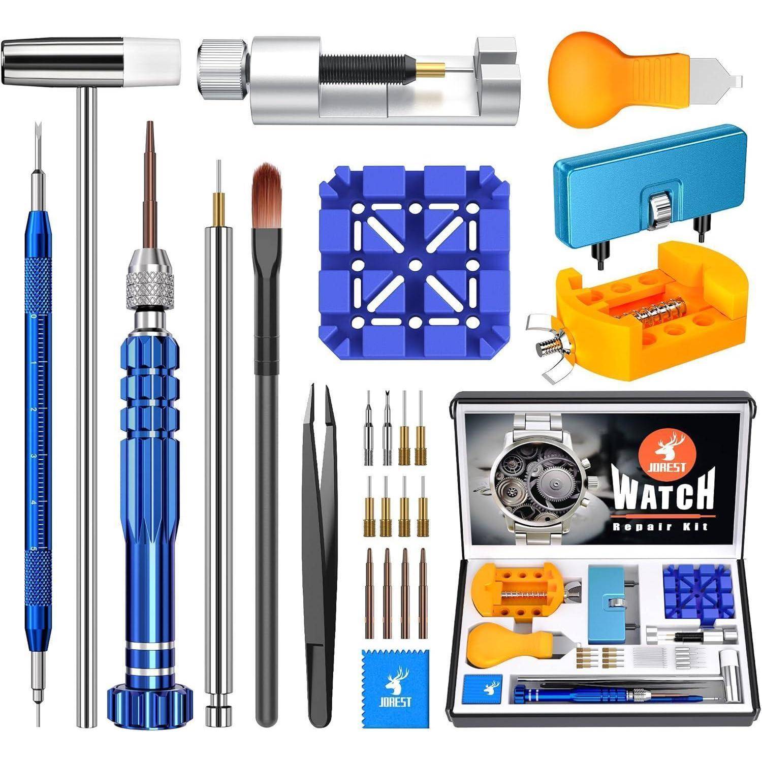 Uhrenreparatur-Werkzeugset mit einer Vielzahl von Schraubenziehern, Pinzetten, Öffnungswerkzeugen und Stifte, ordentlich angeordnet. Inklusive Aufbewahrungsbox. Geeignet für Wartung und Reparatur von Uhren.