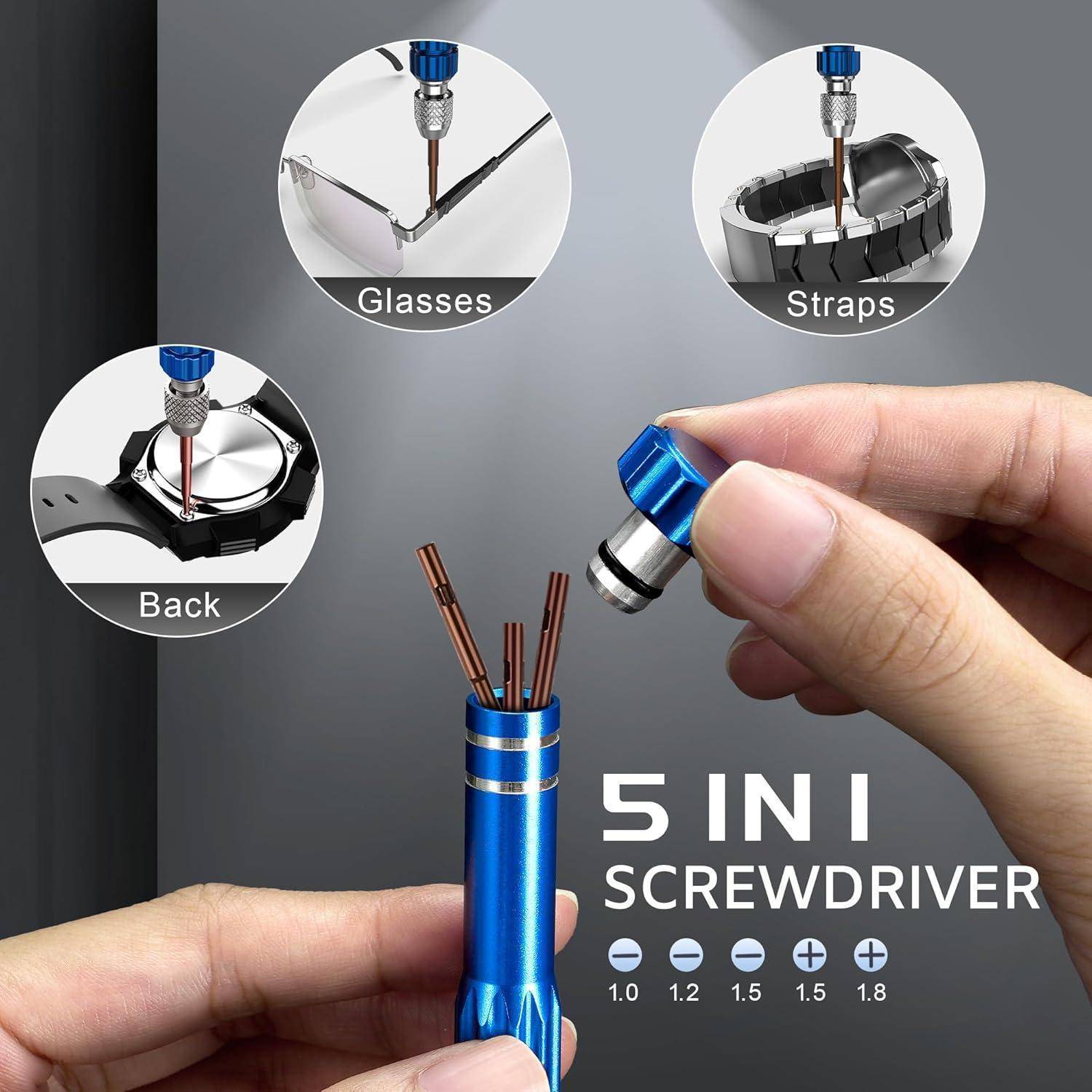 Eine Hand verwendet einen blauen 5-in-1-Schraubendreher mit austauschbaren Köpfen, um ein Uhrenarmband einzustellen. Eingesetzte Bilder zeigen dessen Verwendung bei einer Brille und einem Uhrrücken.
