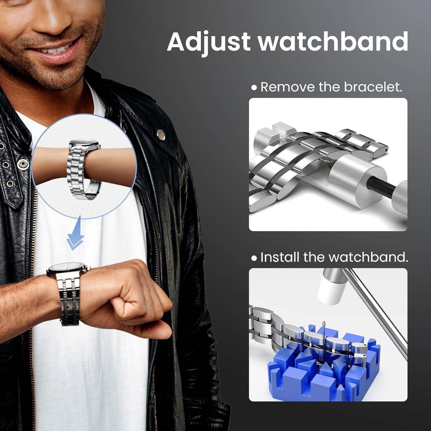 Eine Person passt einen Uhrenarmband an. Die Anleitung zeigt: 