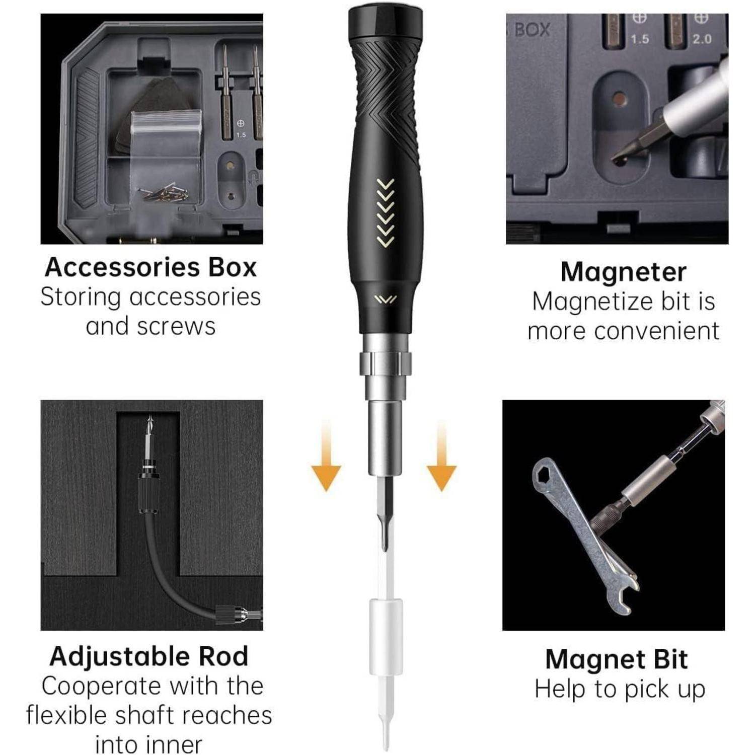 Ein Präzisionsschraubendreher-Set verfügt über eine verstellbare Stange, eine Zubehörbox für Schrauben, einen Magneten zur einfachen Bitbefestigung und ein magnetisches Bitzubehör.