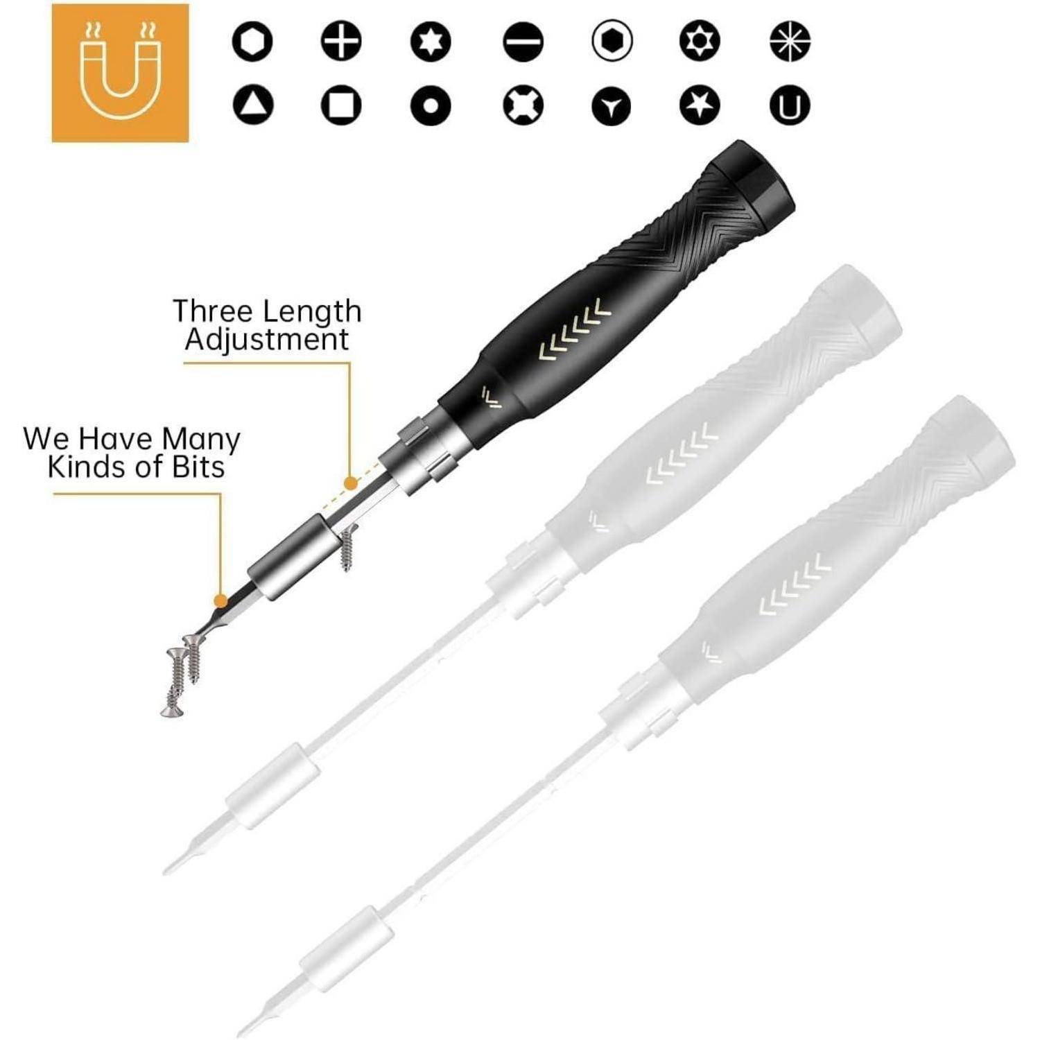 Schraubendreher-Set mit verstellbarer Länge und verschiedenen Bits für vielseitigen Einsatz; magnetische Spitze für einfache Handhabung.