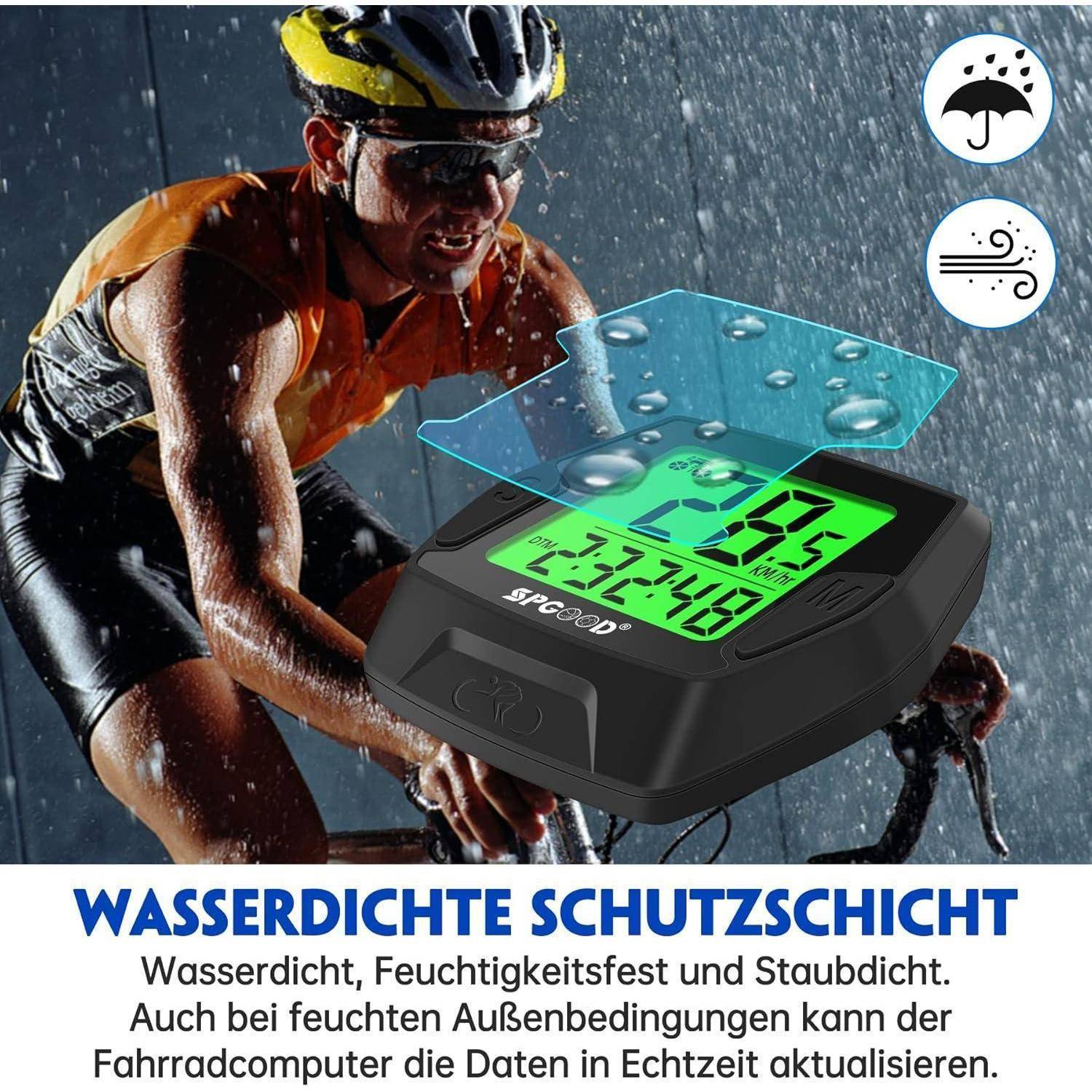 Ein Radfahrer fährt bei Regen einen Helm tragend. Ein wasserdichter Fahrradcomputer zeigt '25°C' und '17:48'. Der Text lautet 'Wasserdichte Schutzschicht'.