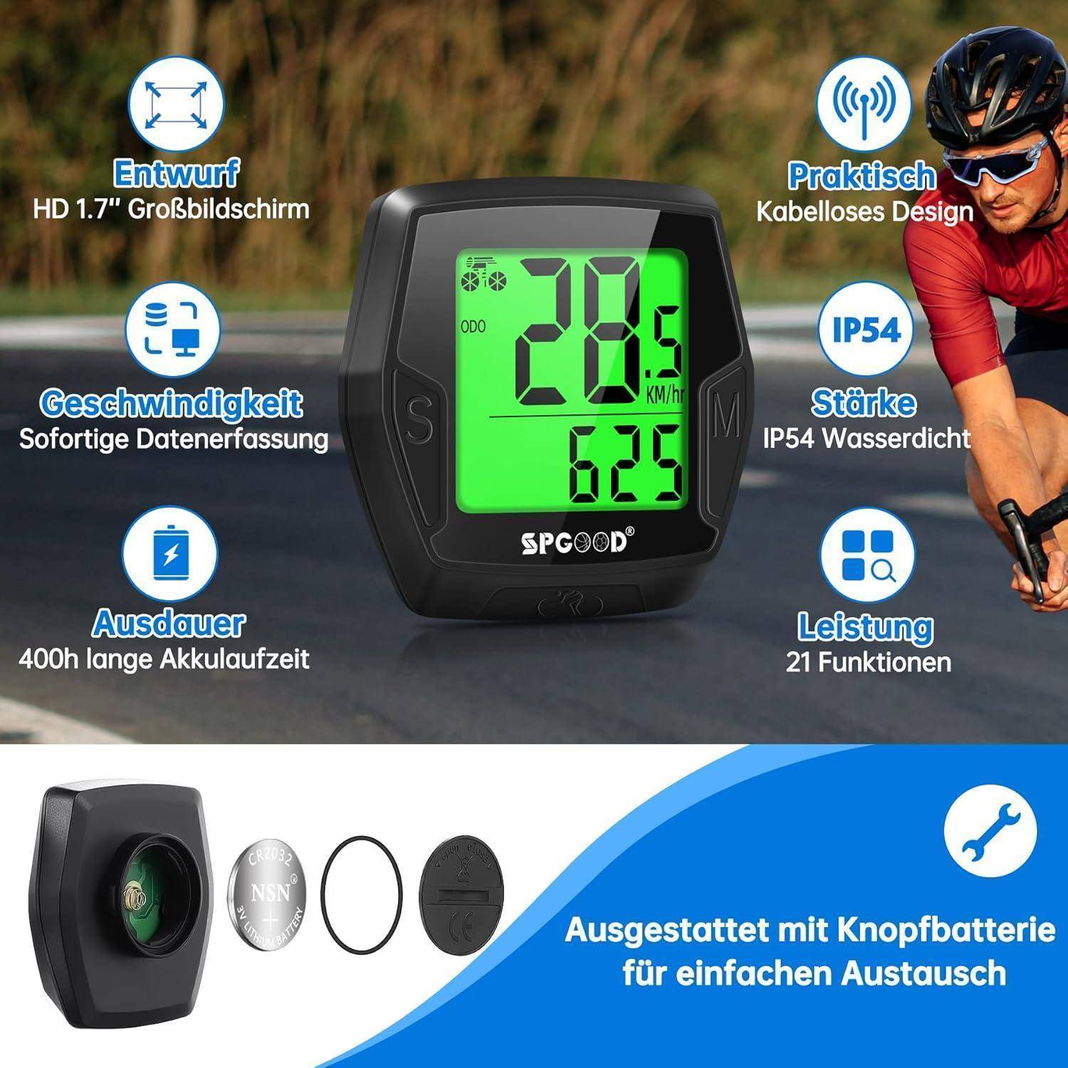 Fahrrad-Tachometer mit grüner digitaler Anzeige, die '20 km/h' Geschwindigkeit und '62,5' Distanz zeigt. Eigenschaften: großes Display, IP54, 21 Funktionen.