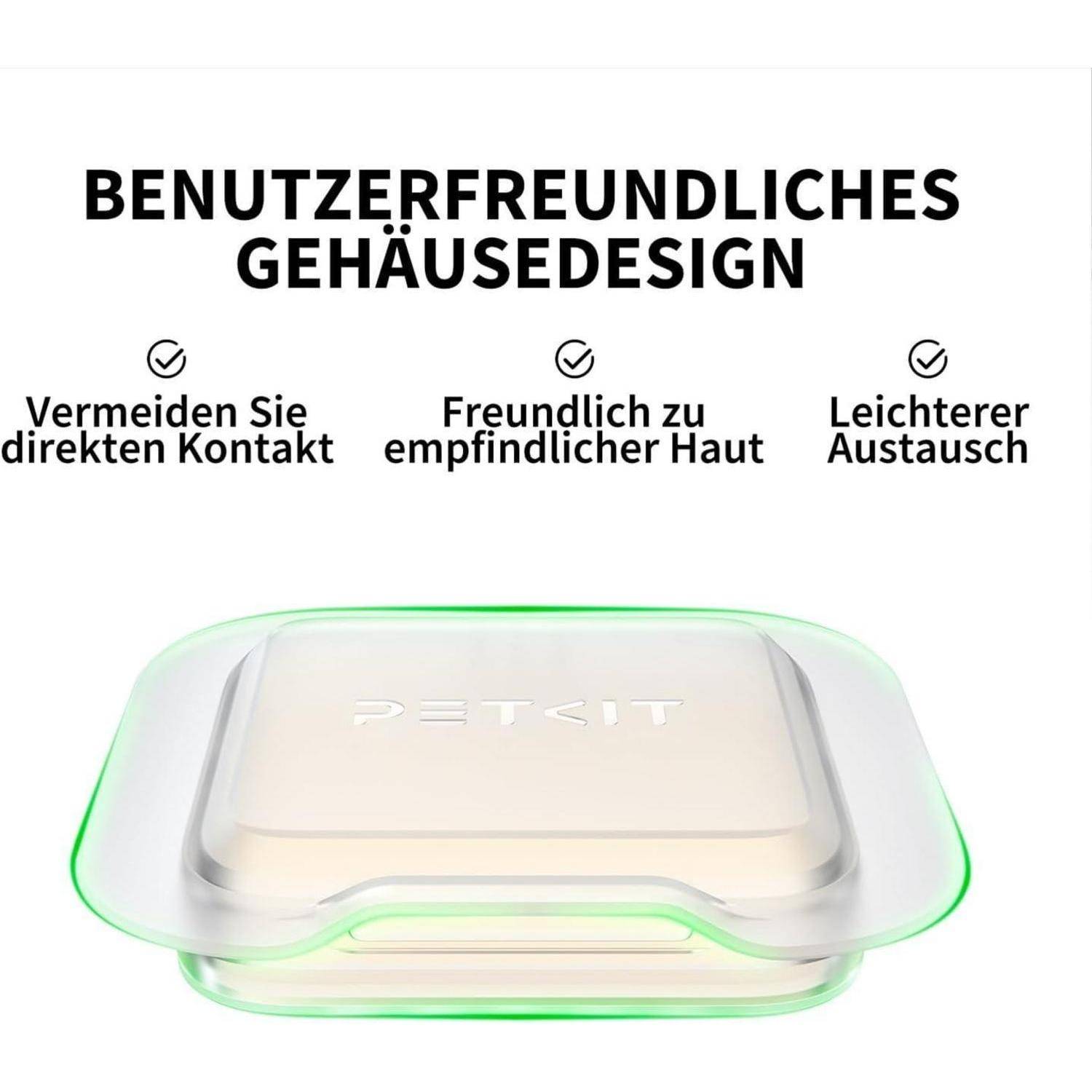 Eine Plastikabdeckung für ein PETKIT-Gerät. Textliche Hervorhebungen der benutzerfreundlichen Designmerkmale: Vermeidung direkter Berührung, sanft zur Haut, einfach zu wechseln.