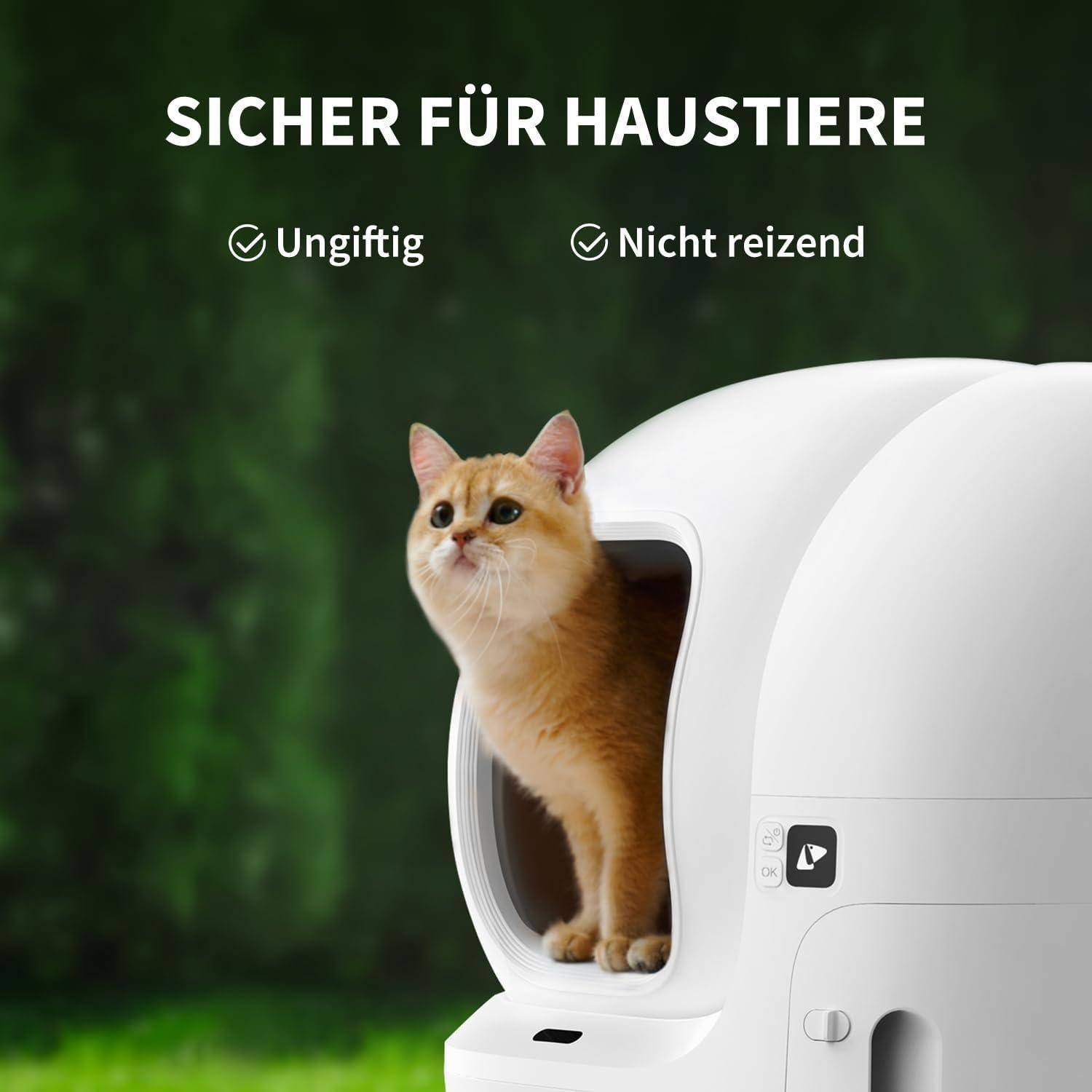 Eine Katze sitzt in einem weißen geschlossenen Katzenklo, mit dem deutschen Text 'Sicher für Haustiere', 'Ungiftig', 'Nicht reizend' darüber.