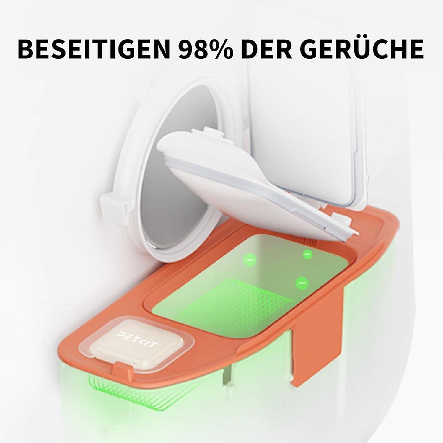 Das Bild zeigt eine weiße Toilette mit einem roten Geruchsneutralisierer, der schlechte Gerüche um 98 Prozent reduziert und dabei die Wirksamkeit des Produkts hervorhebt.