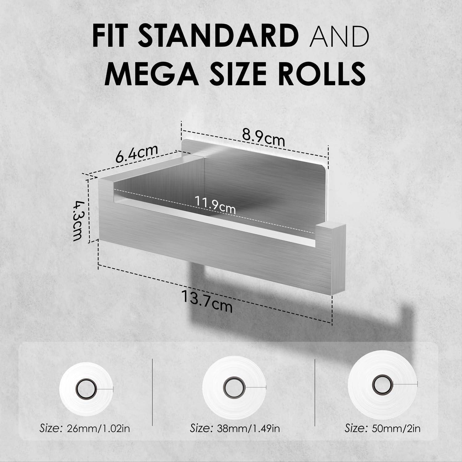 Wandmontierter Papierhandtuchhalter für Standard- und Mega-Rollen, Abmessungen: 13,7 cm Länge, 6,4 cm Breite, 4,3 cm Höhe.
