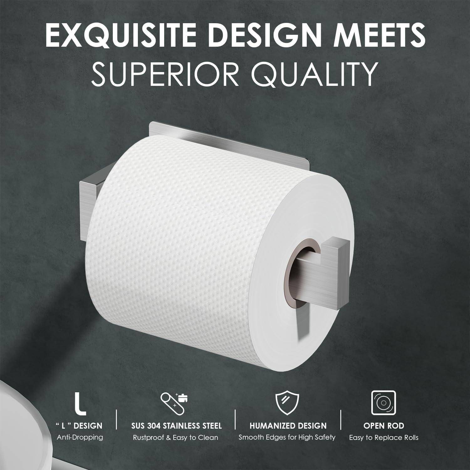 Toilettenpapierrolle auf einem Edelstahlhalter mit folgenden Merkmalen: L-Design mit Antirutsch-Funktion, Edelstahl SUS 304, glatte Kanten, offene Stange.