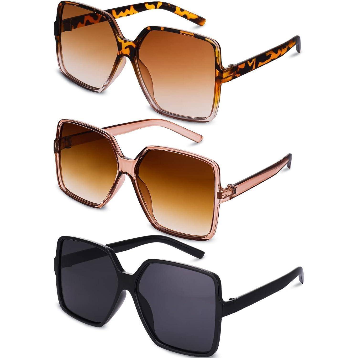Drei Paare übergroßer quadratischer Sonnenbrille. Oben: Schildpatt mit braunen Gläsern. Mitte: Rosa mit Verlaufsgläsern. Unten: Schwarz mit dunklen Gläsern.