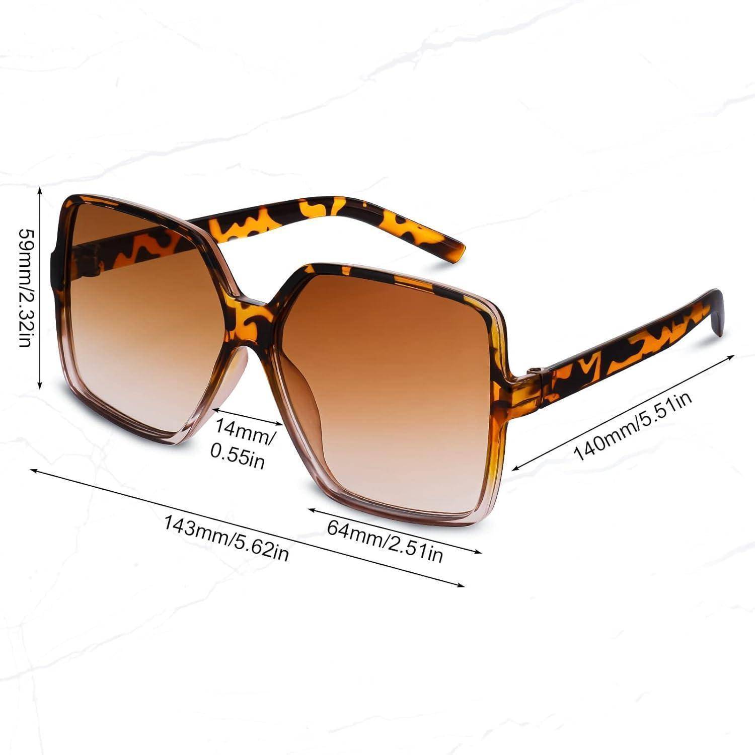 Quadratische Sonnenbrille mit Schildpatt-Muster und braunen Verlaufsgläsern. Maße: Linsenbereite 59mm, Nasensteg 14mm, Bügellänge 140mm.